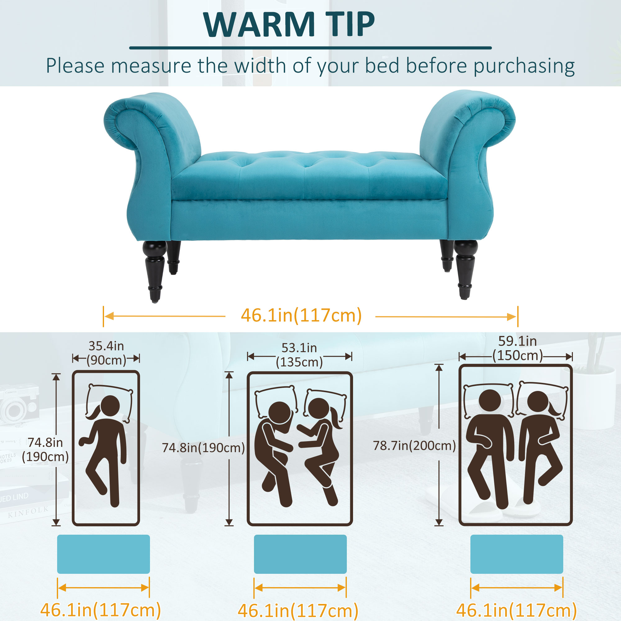  Chaise Captusita Stil Vintage cu Cotiere Tapitate si Cadru din Lemn, Albastru deschis 117x40x58Hcm [6]