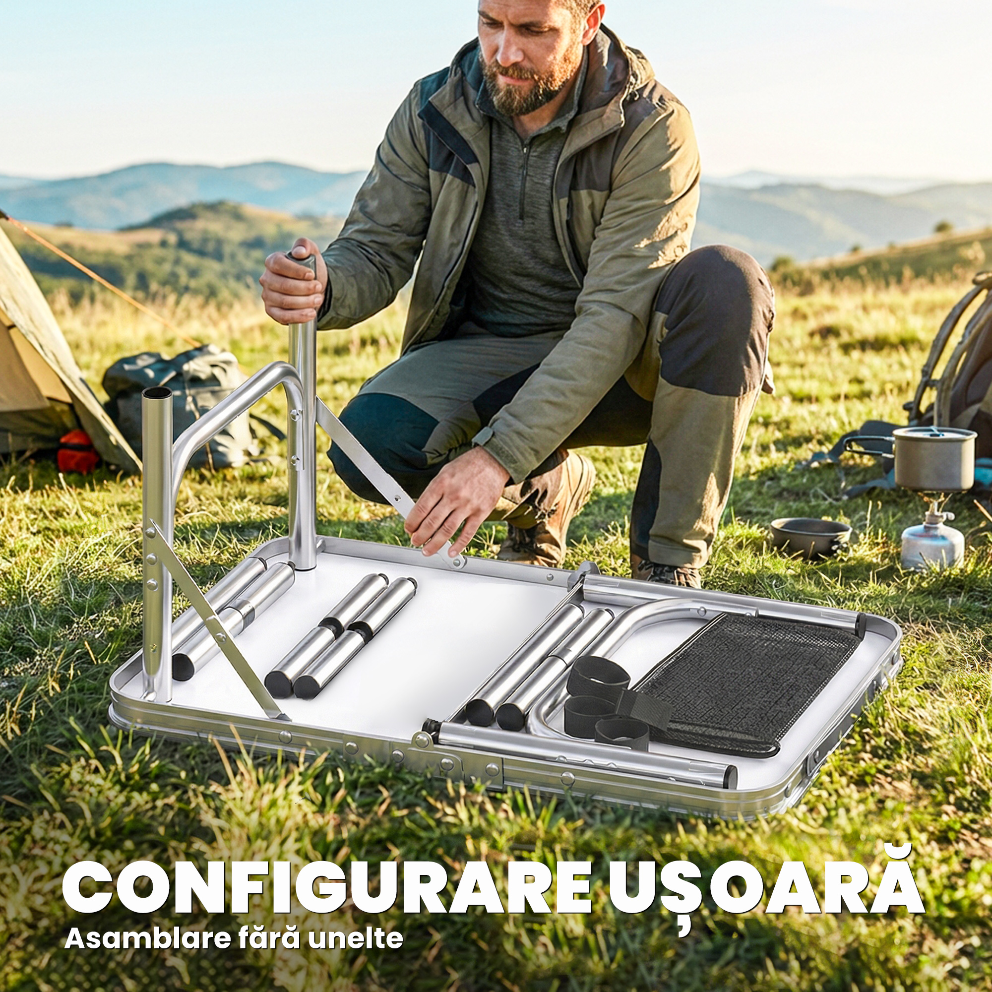  Masa de Camping Pliabila 60 cm, Picnic cu Plasa, Negru [7]