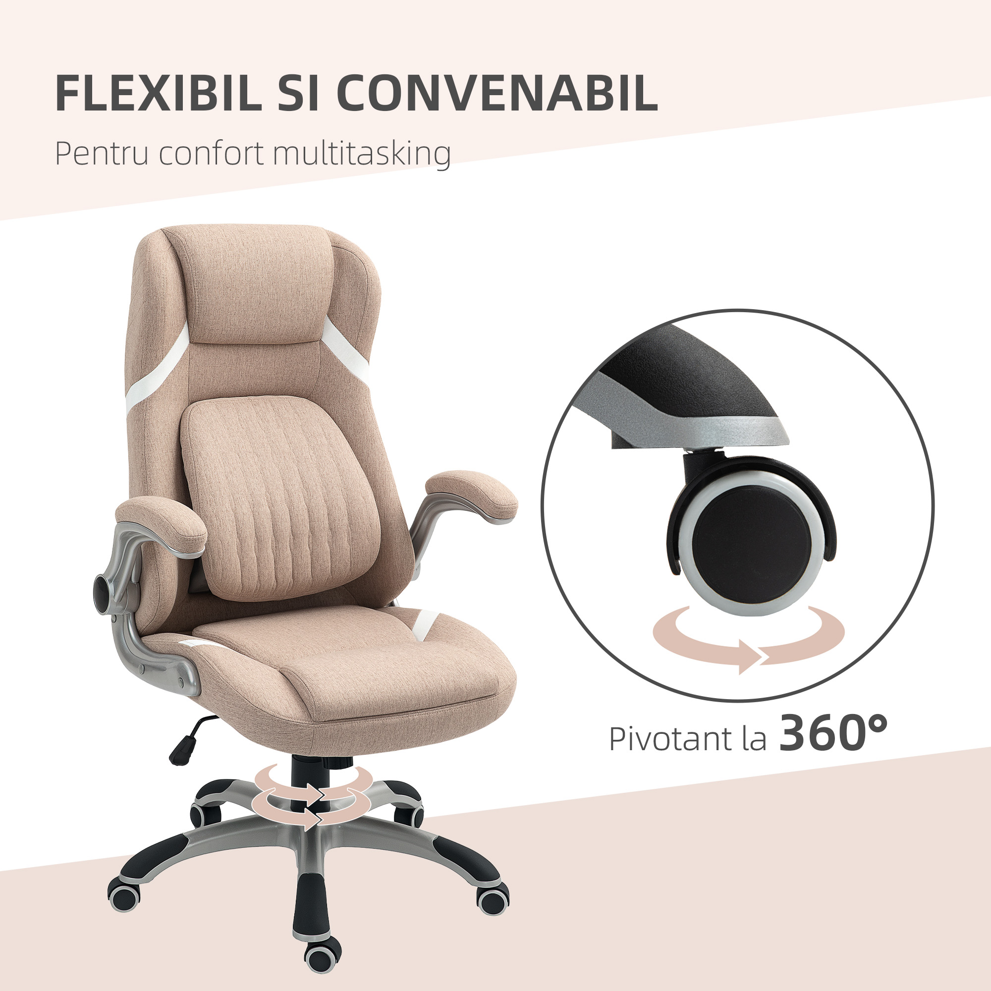  Scaun de Birou Rabatabil cu inaltime Reglabila, din Material Textil, 68x76x109-117 cm, Maro Deschis [7]