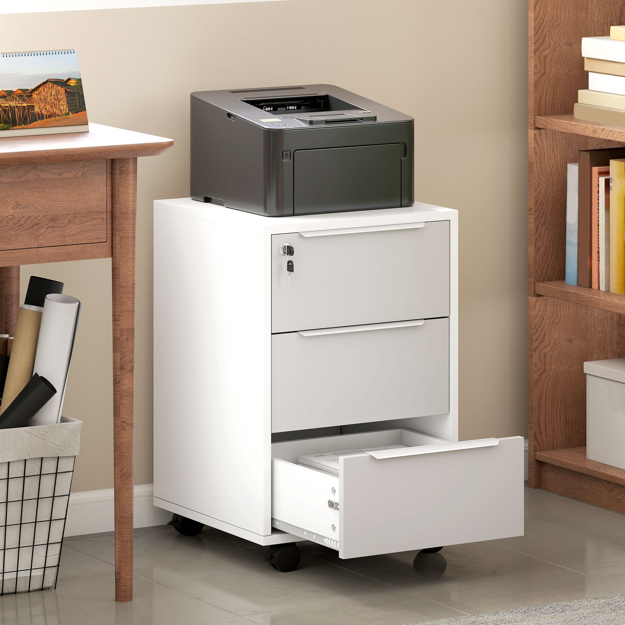  Schedario per Ufficio a 3 Cassetti con Chiavi di Sicurezza e 4 Ruote, in Legno, 40x40x63.5 cm, Bianco e Grigio [1]