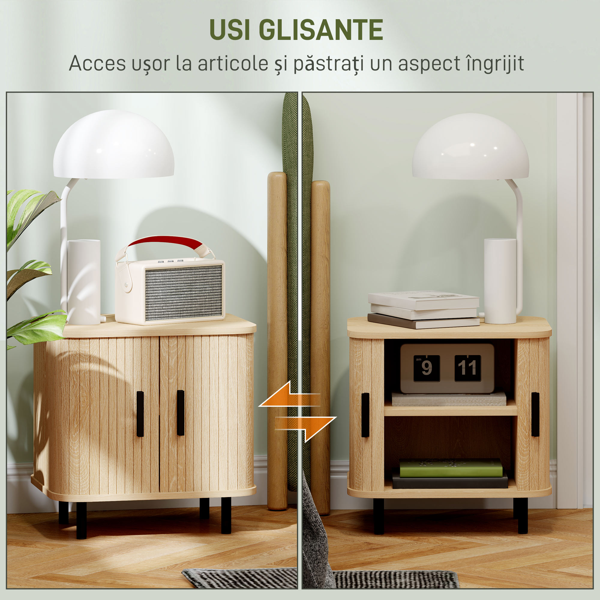  Set 2 Noptiere in stil Nordic cu Raft pe 2 Niveluri si Usa Culisanta pentru Dormitor, 48x40x48 cm, Lemn Natural [4]