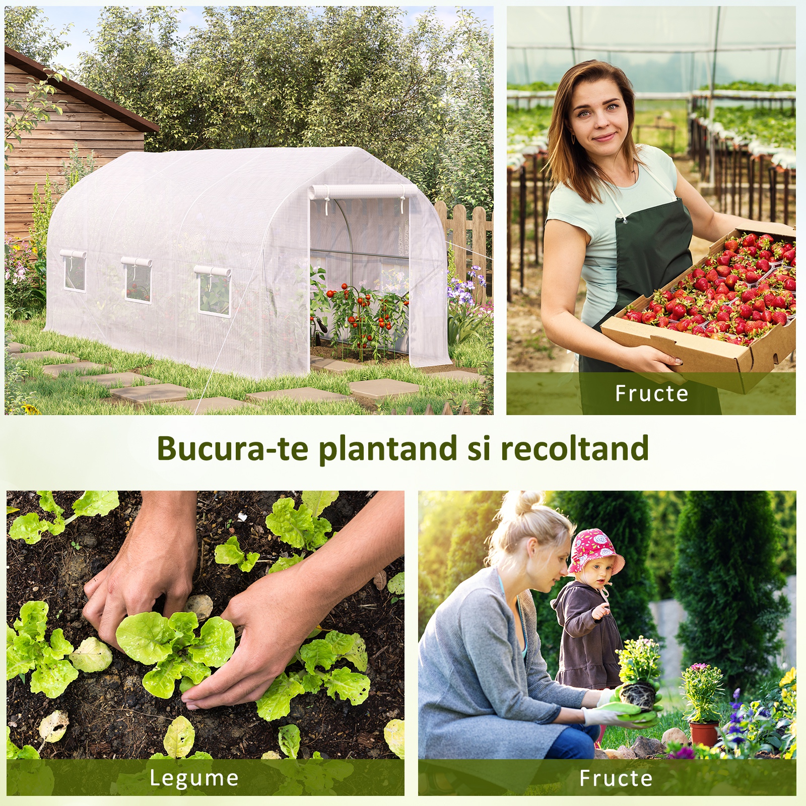  Sera Tip Tunel Anti-UV cu 6 Ferestre cu Plasa si Intrare Rulabila, Metal si PE, 4x2x2 m, Alb [6]