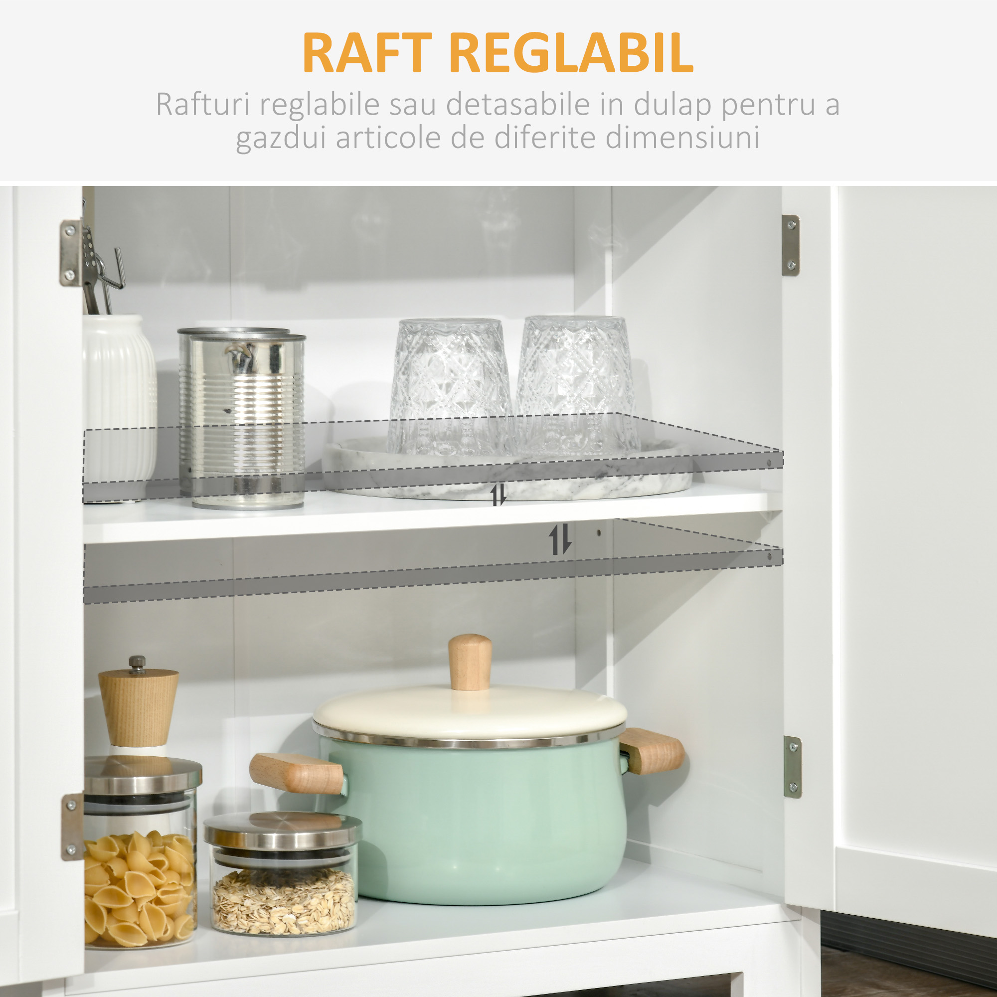  Dulap mobil cu 2 rafturi deschise si 2 dulapuri cu usi, din MDF si Sticla, 60x30x162 cm, Alb [5]