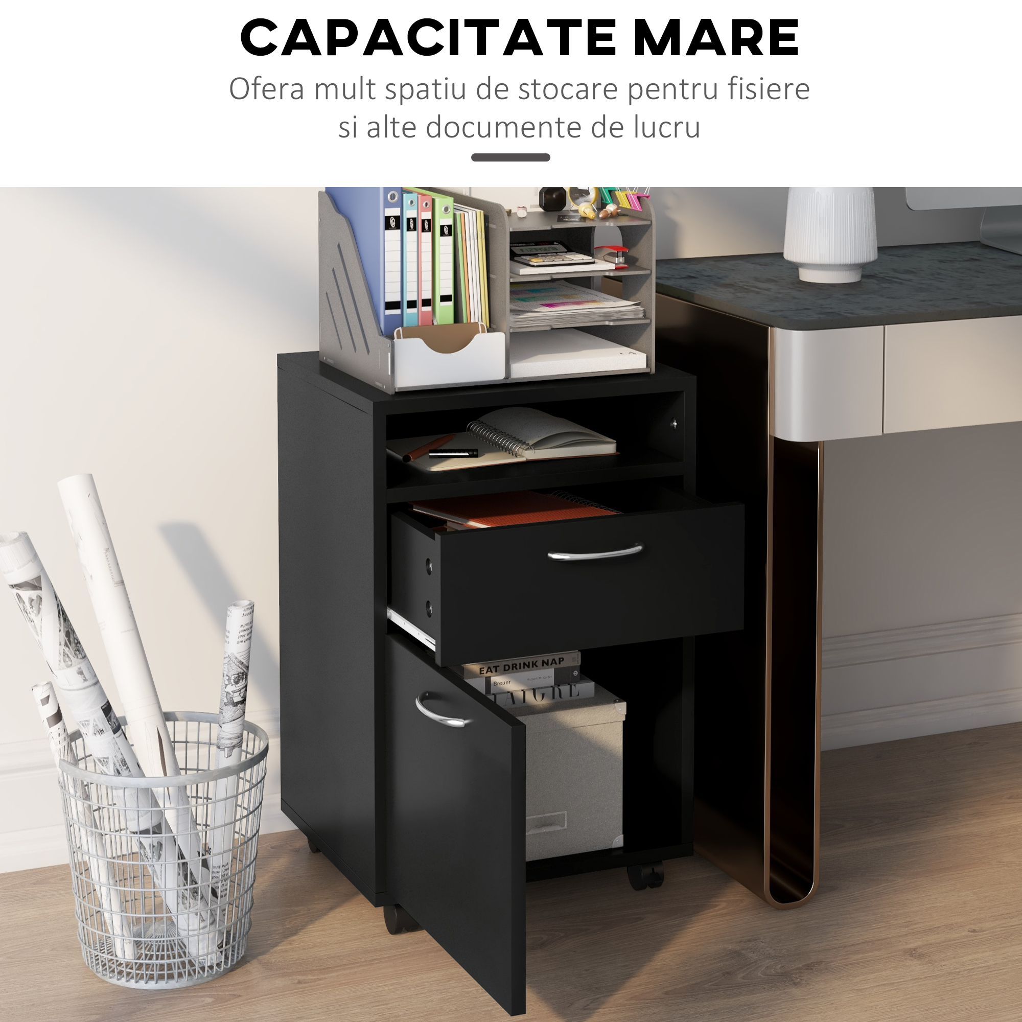  Comoda Birou Neagra - 2 Sertare & 4 Roti Pivotante [3]