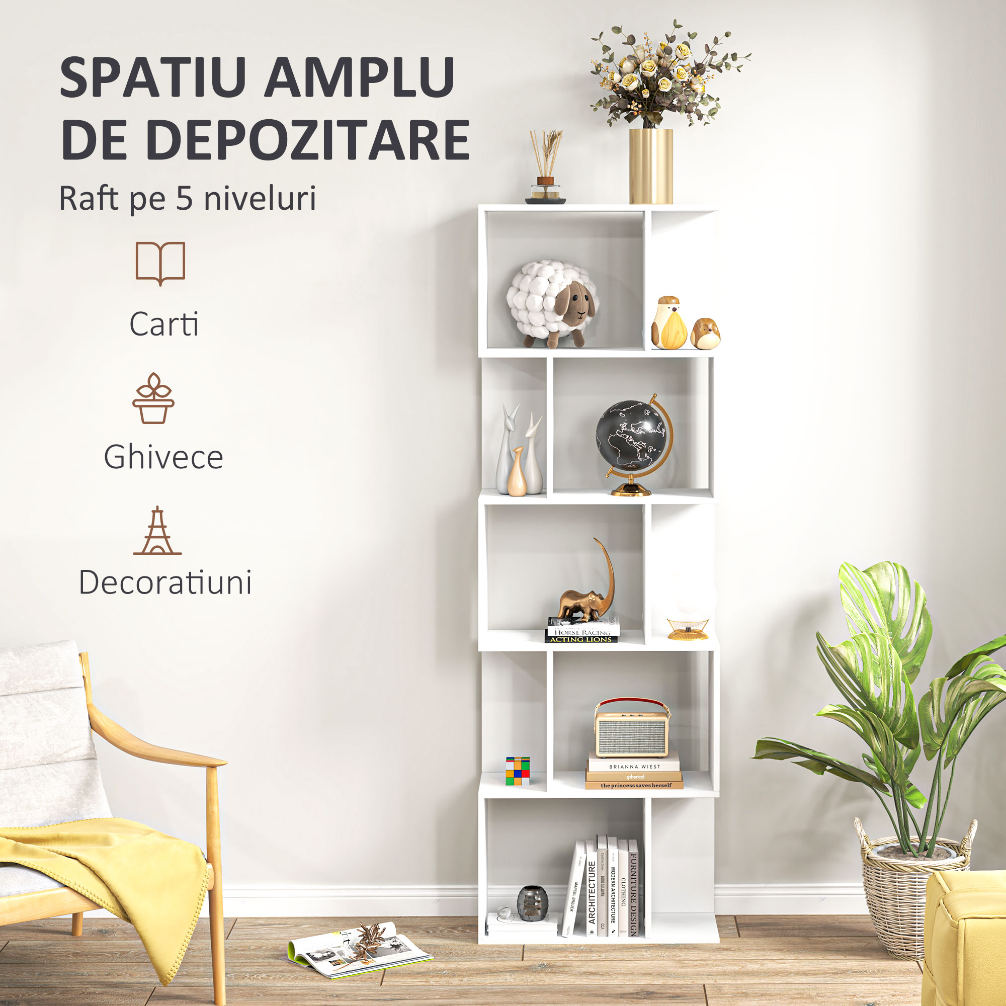  Raft pentru Carti cu 5 Rafturi Separate, Biblioteca in Forma de S din Lemn, 60x24x184,5 cm, Alb [3]