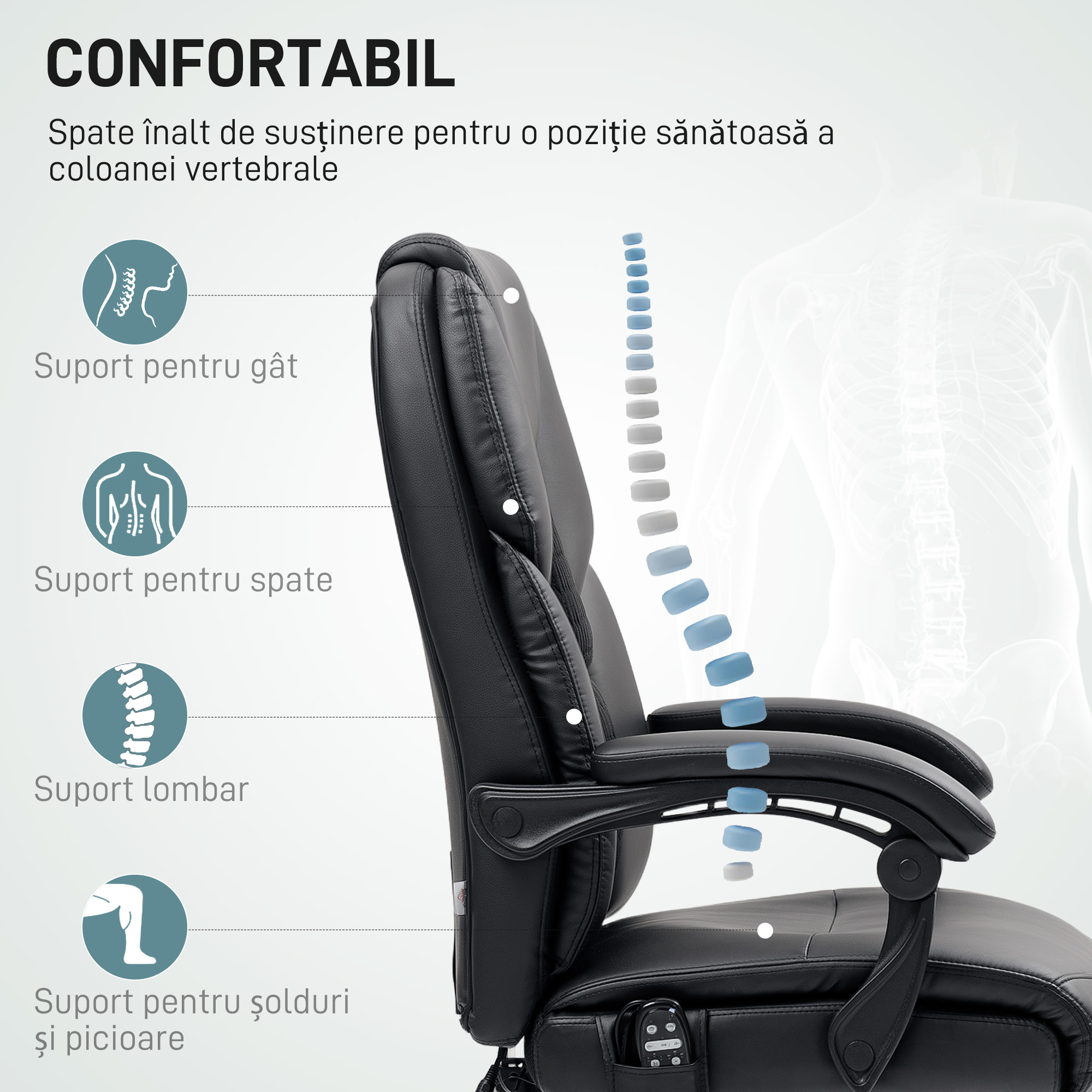  Scaun de Birou cu Masaj prin Vibratii, Spatar inalt si inaltime Reglabila, 66x64x113-121 cm, Negru [4]