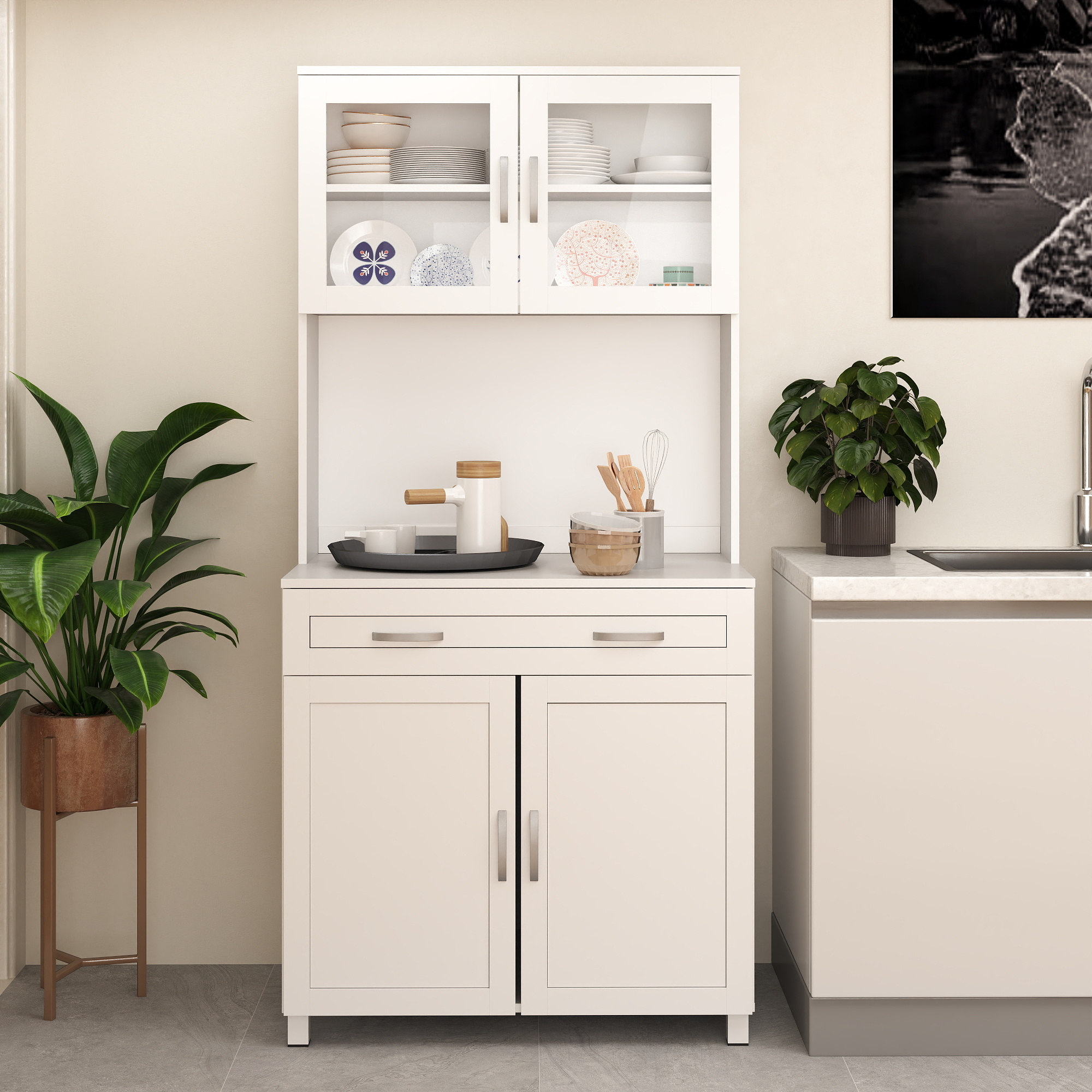  Bufet inalt de Bucatarie cu Raft pentru Cuptor, Sertar, Usi de Sticla si Rafturi Reglabile, 80x48x170 cm, Alb [1]