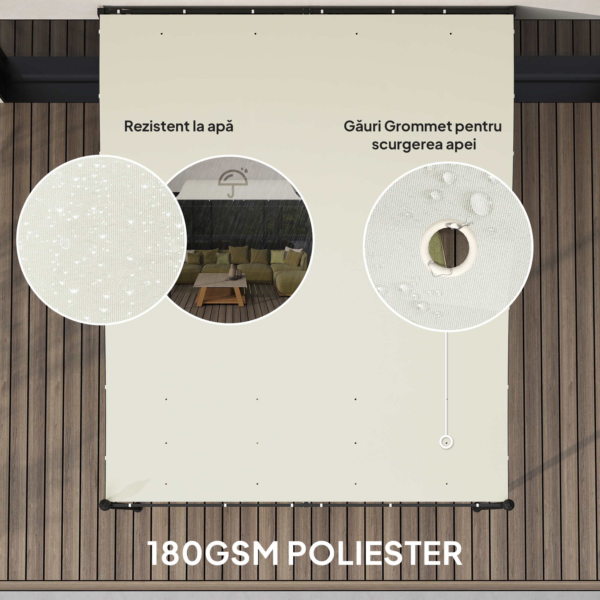 Pergola  Adosata Curbata cu 16 Orificii de Drenaj, din Metal si Poliester, 248x298x200/250 cm, Crem [3]