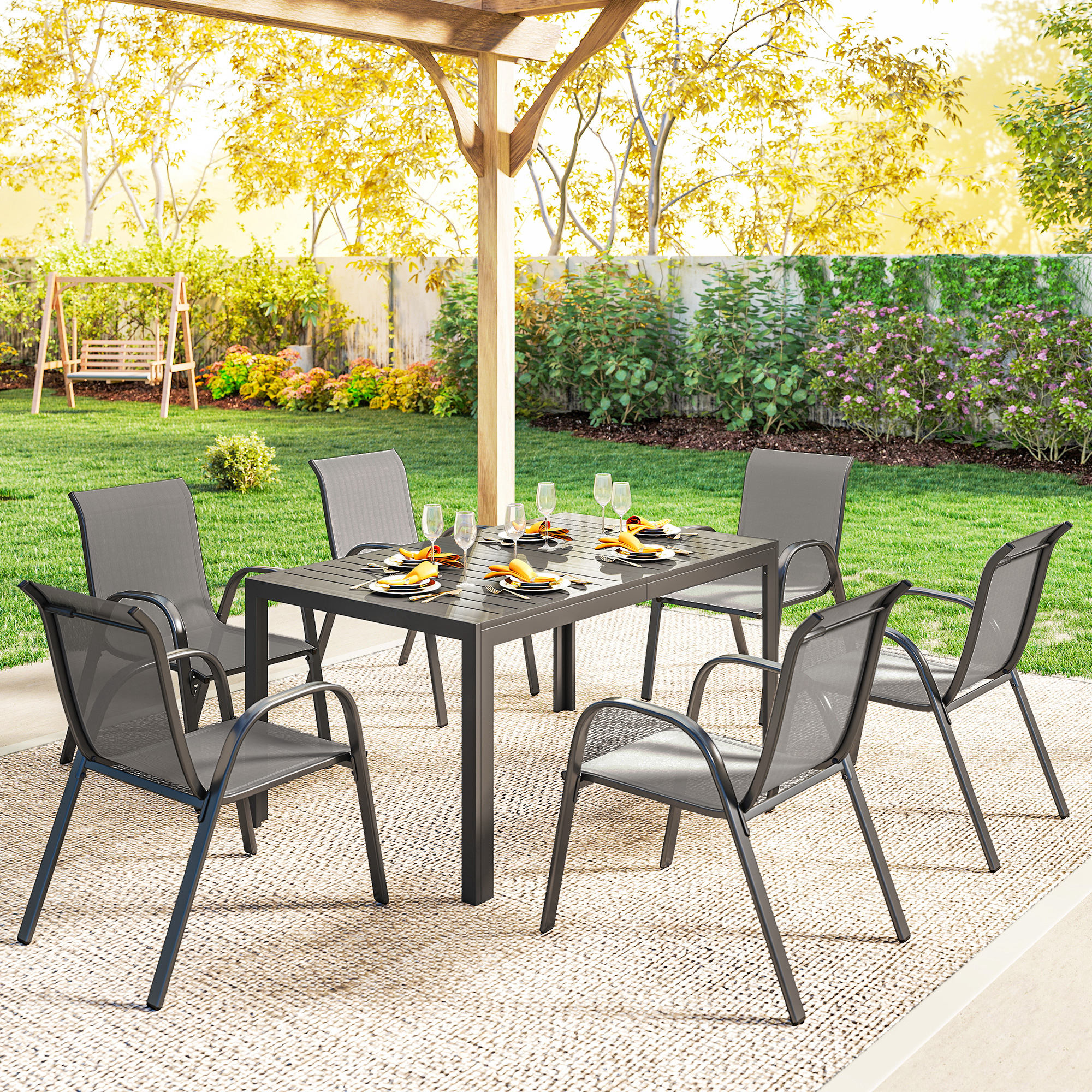  Set Masa si Scaune de Gradina 7 Piese, Set Pranz Exterior cu Masa Dreptunghiulara, 6 Scaune Stivuibile din Textilena, Set Mobilier de Gradina pentru Terasa, Balcon, Patio, Gri Deschis [7]