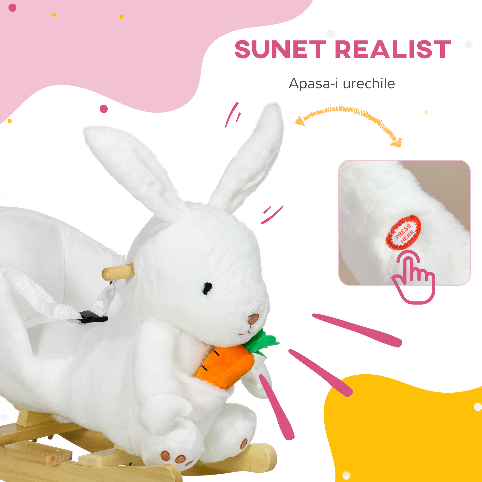  Jucarie Balansoar in forma de Iepuras cu Sunete si Centura de Siguranta, 60x33x50 cm, Alb [3]