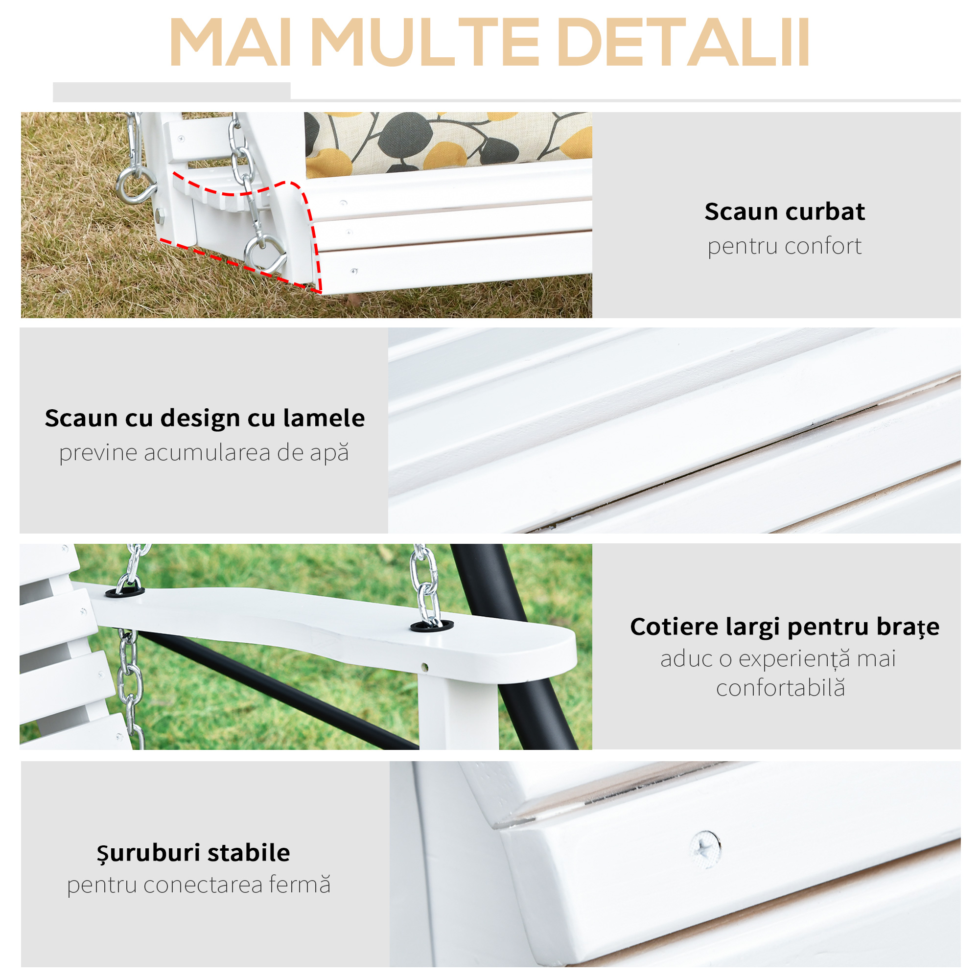  Balansoar Suspendat pentru Exterior din Lemn de Brad cu Masa Rabatabila si Suporturi pentru Pahare, Balansoar de Gradina pentru 2-3 Locuri, Alb [6]