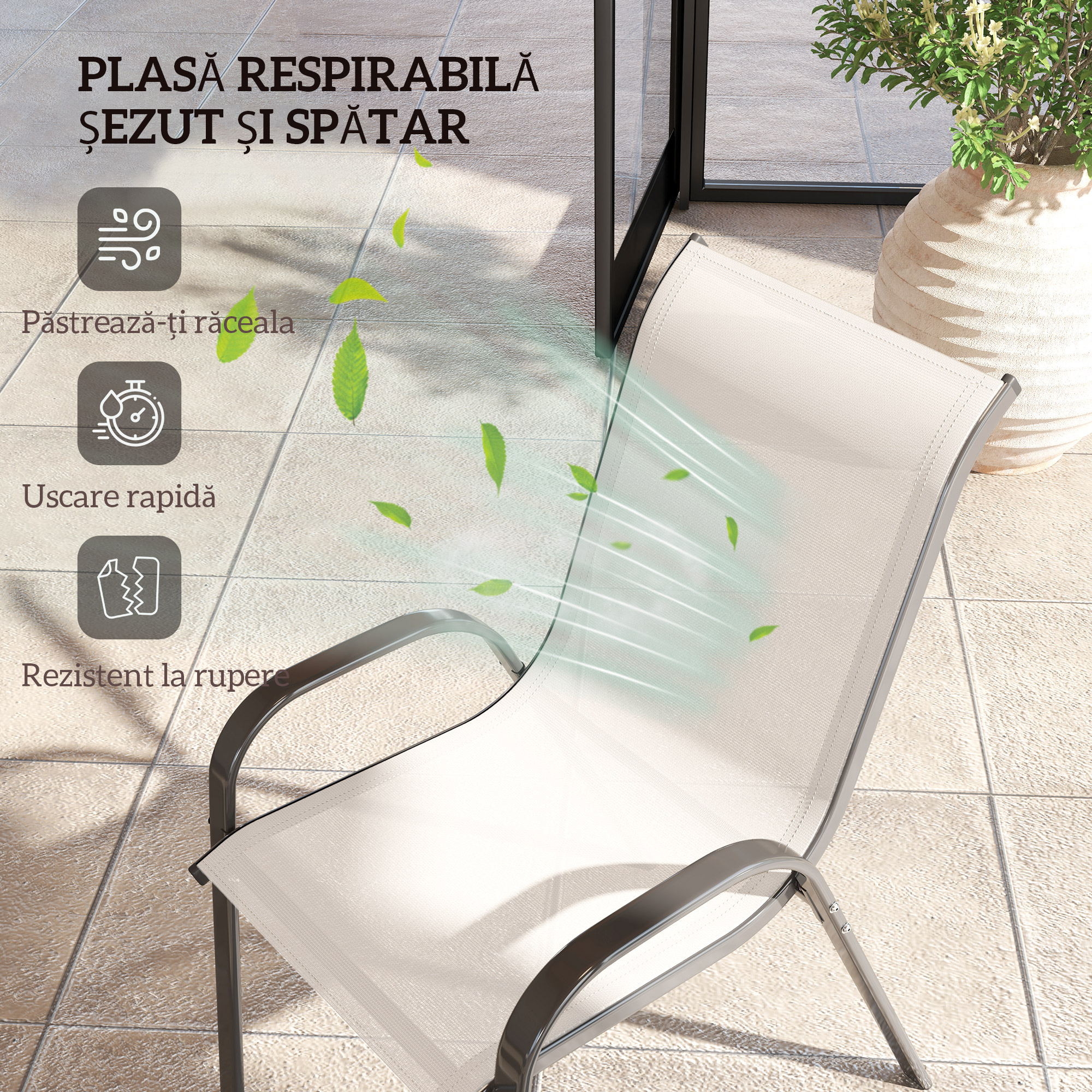  Set de 2 Scaune pentru Pranz in Aer Liber, Scaune Stivuibile cu Spatar inalt, sezut din Plasa Respirabila pentru Gradina, Gri Deschis [4]