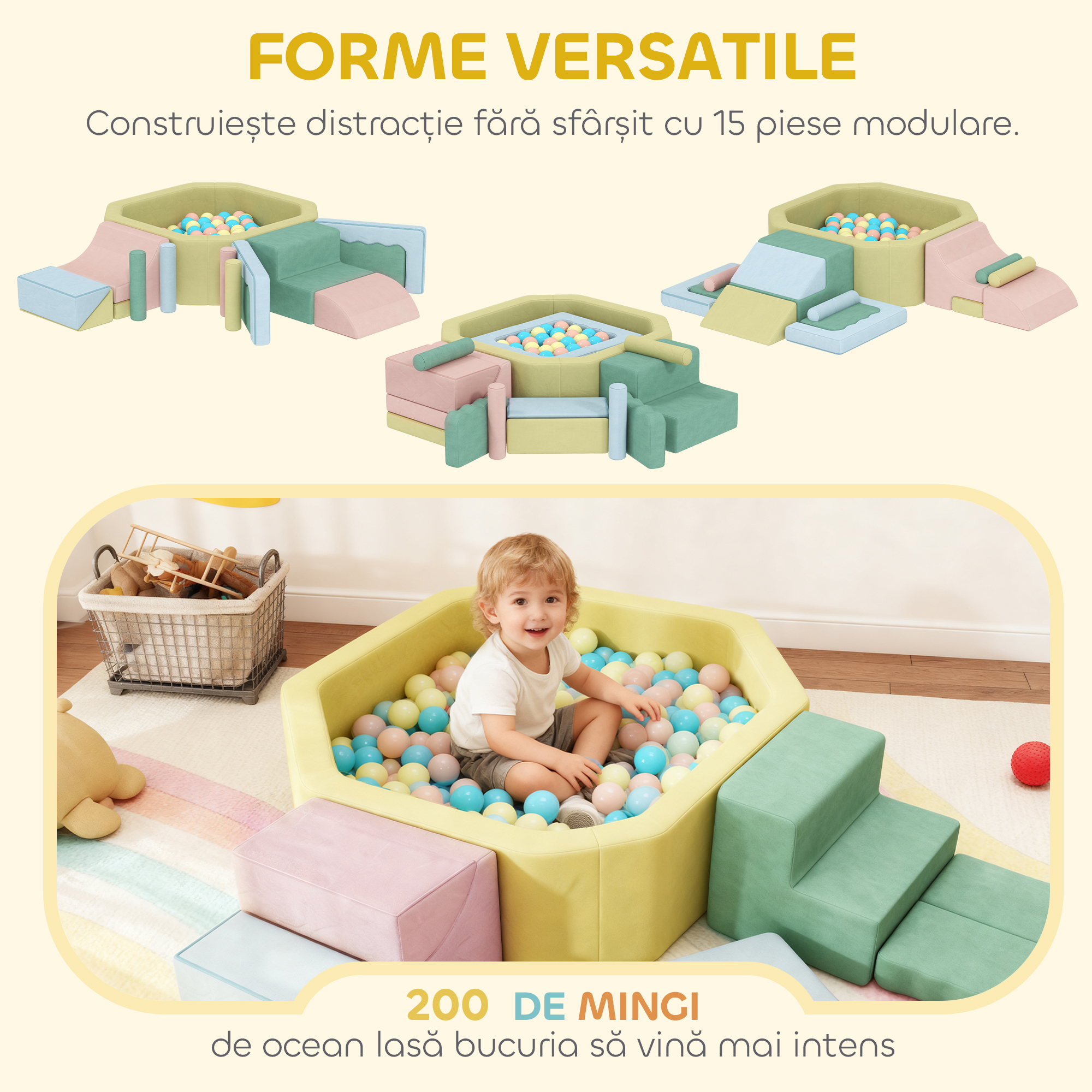  Set 15 Blocuri de Constructii Moi Modulabile pentru Copii cu 200 de Mingi pentru Uz Intern, Multicolor [3]