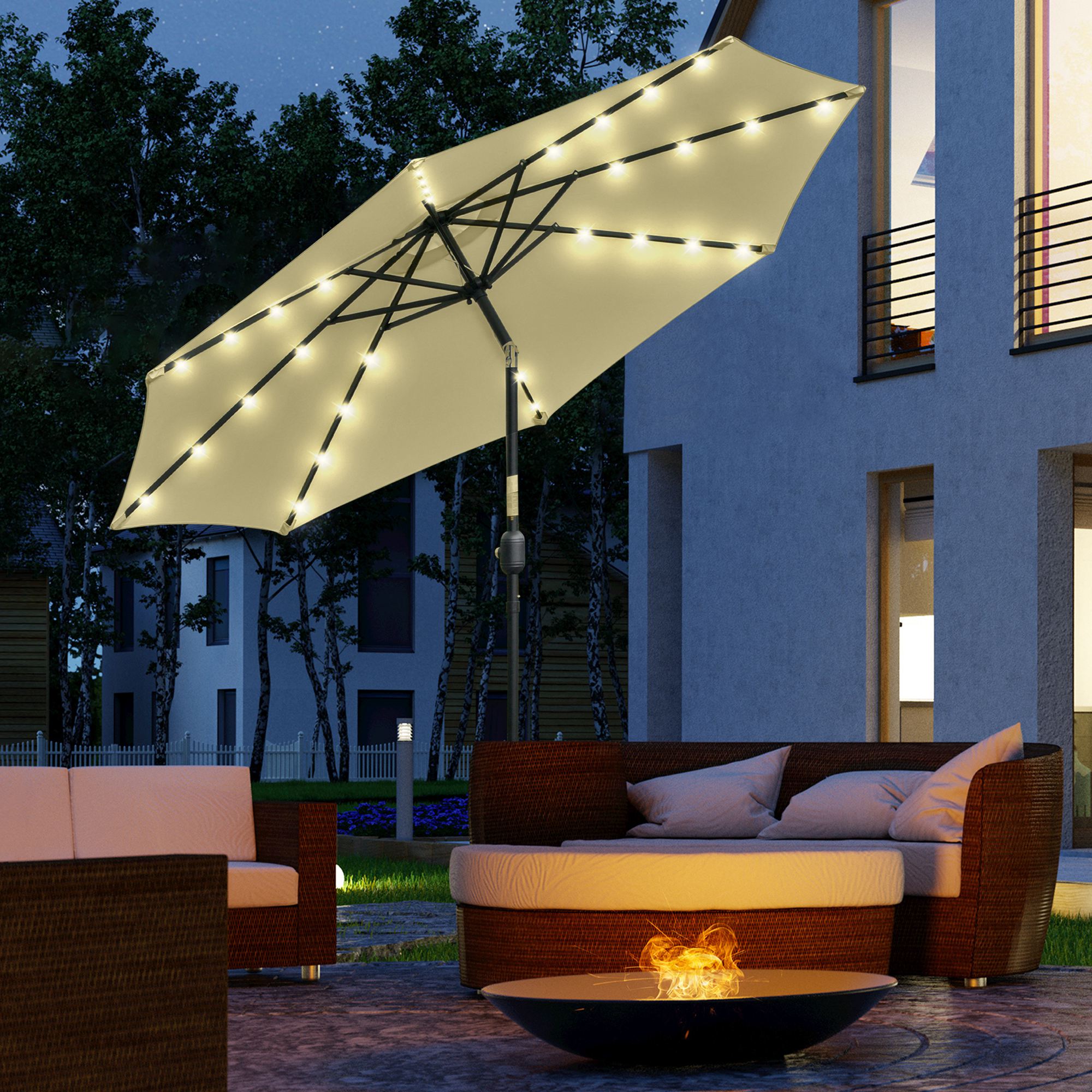  Umbrela de Gradina Inclinabila Ø265 cm cu 32 Luminile LED Solare si Manivela, Umbrela de Exterior cu 8 Spite, din Otel, Poliester, pentru Patio, Curte, Balcon, Terasa, Bej [1]