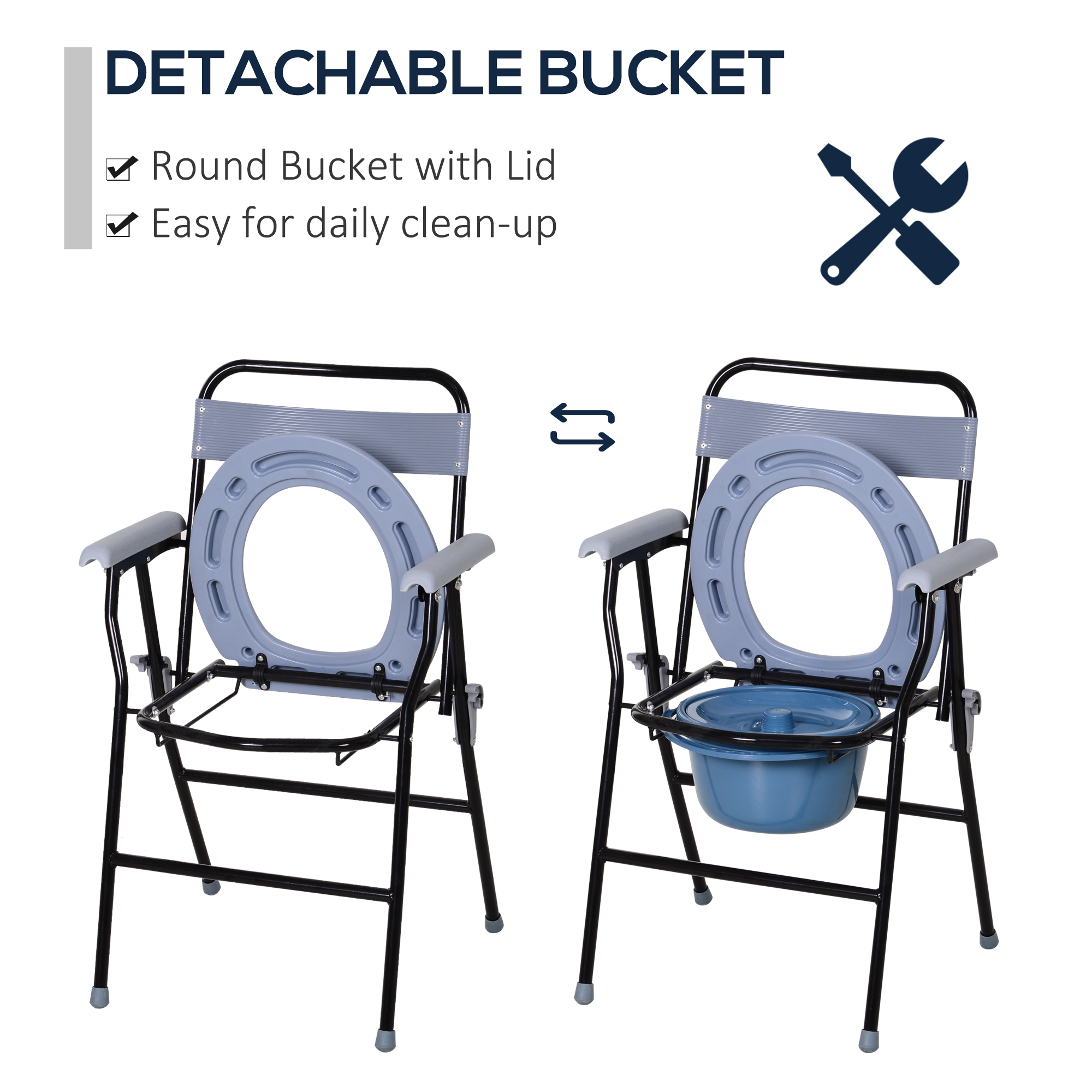  Scaun de Toaleta Pliabil cu Galeata Detasabila pentru Varstnici si Persoane cu Dizabilitati, 52x50x75 cm, Negru [5]