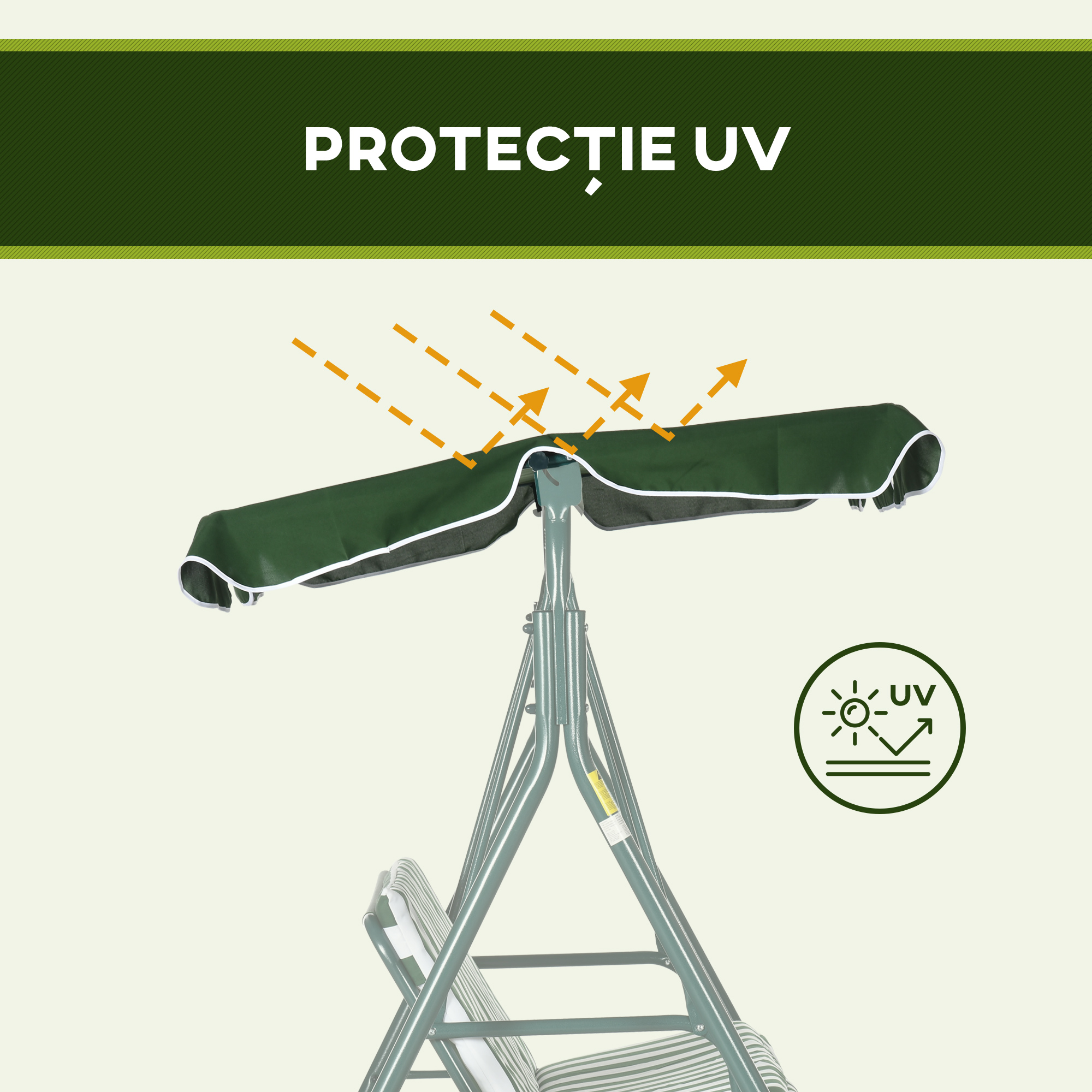  Balansoar de Gradina 3 Locuri Acoperis Parasolar si Structura din Otel si Poliester, 172x110x153 cm, Alb si Verde [6]