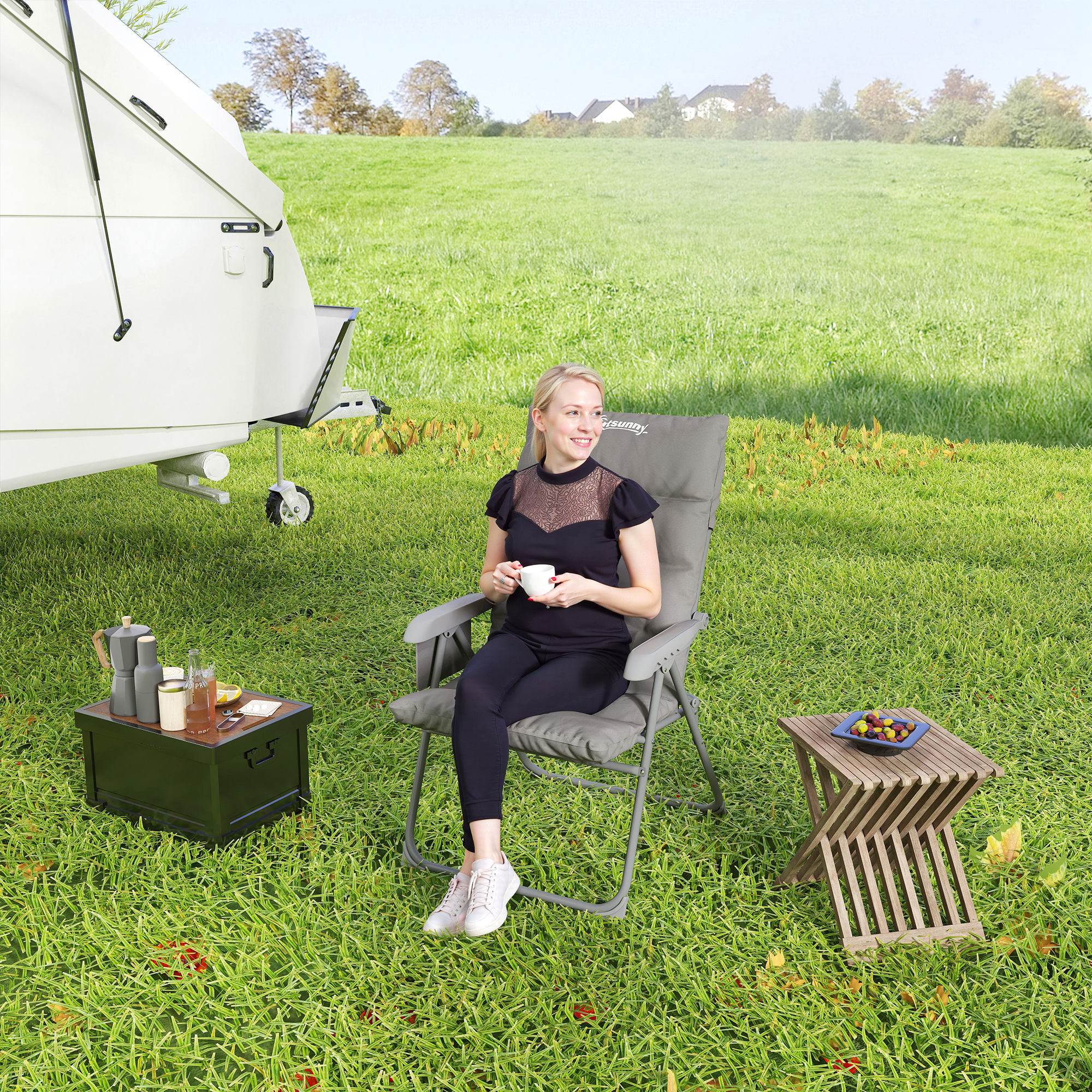  Scaun de Camping Pliabil cu Spatar inalt Reglabil in 5 Pozitii si Buzunare Laterale, 66x58x105 cm, Gri Deschis [8]