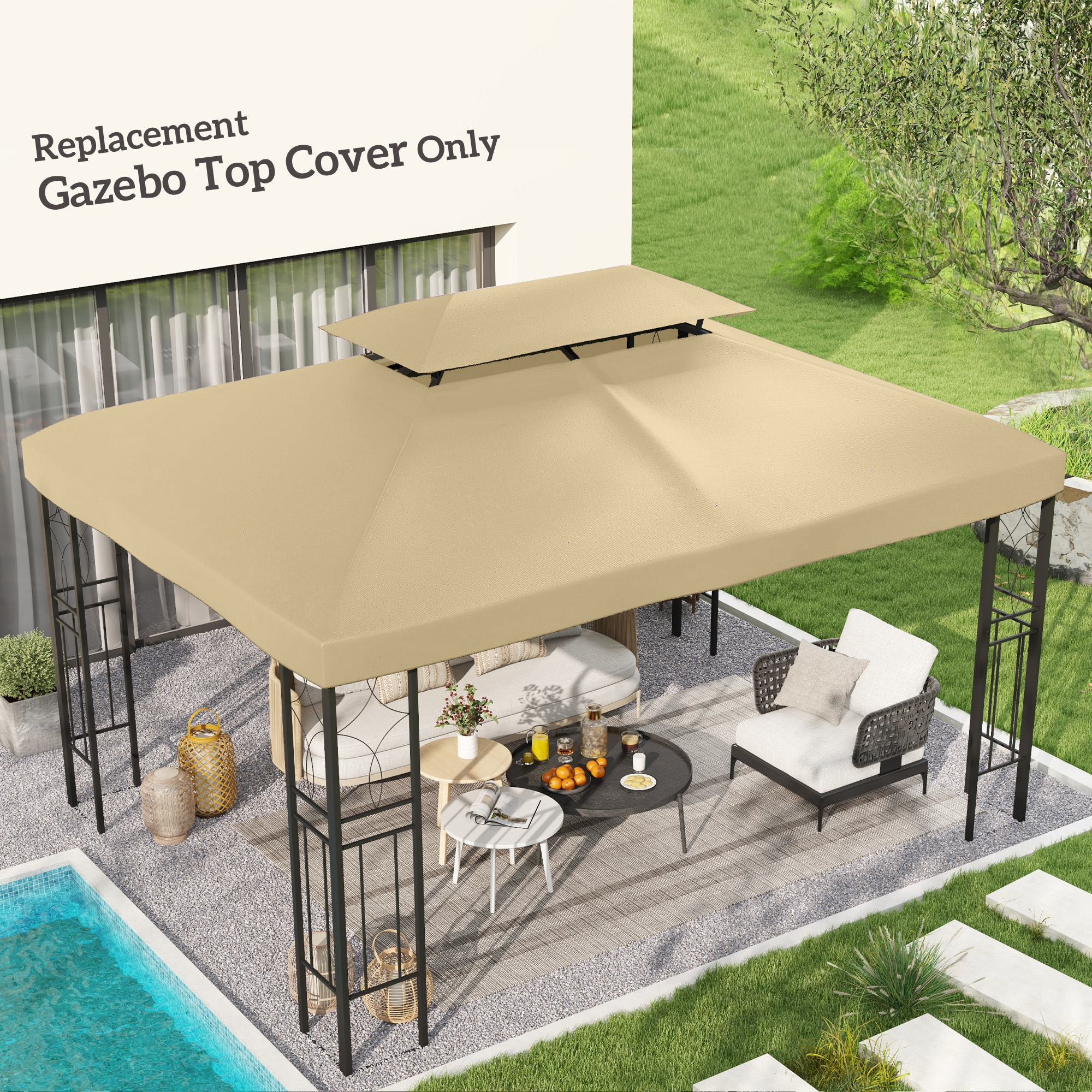  Acoperis de Rezerva pentru Pavilion 4x3 m din Poliester Anti-UV cu Structura in 2 Nivele, Crem [1]