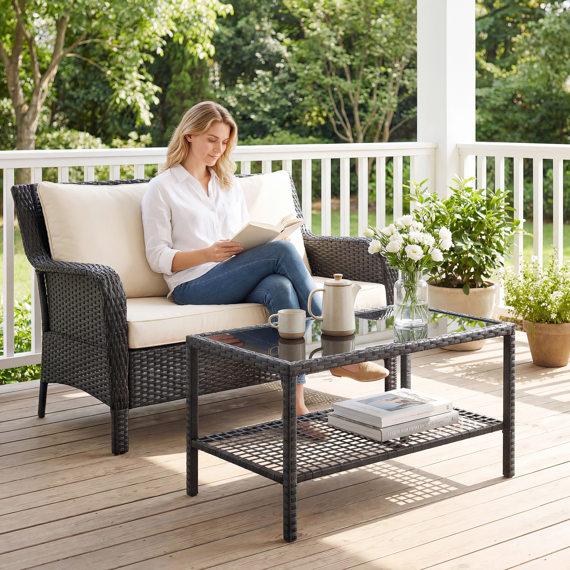  Masuta de Cafea din Ratan pe 2 Niveluri cu Raft, Blat din Sticla Securizata, Masuta de Exterior cu Cadru din Otel, 92x50x45 cm, Negru [6]