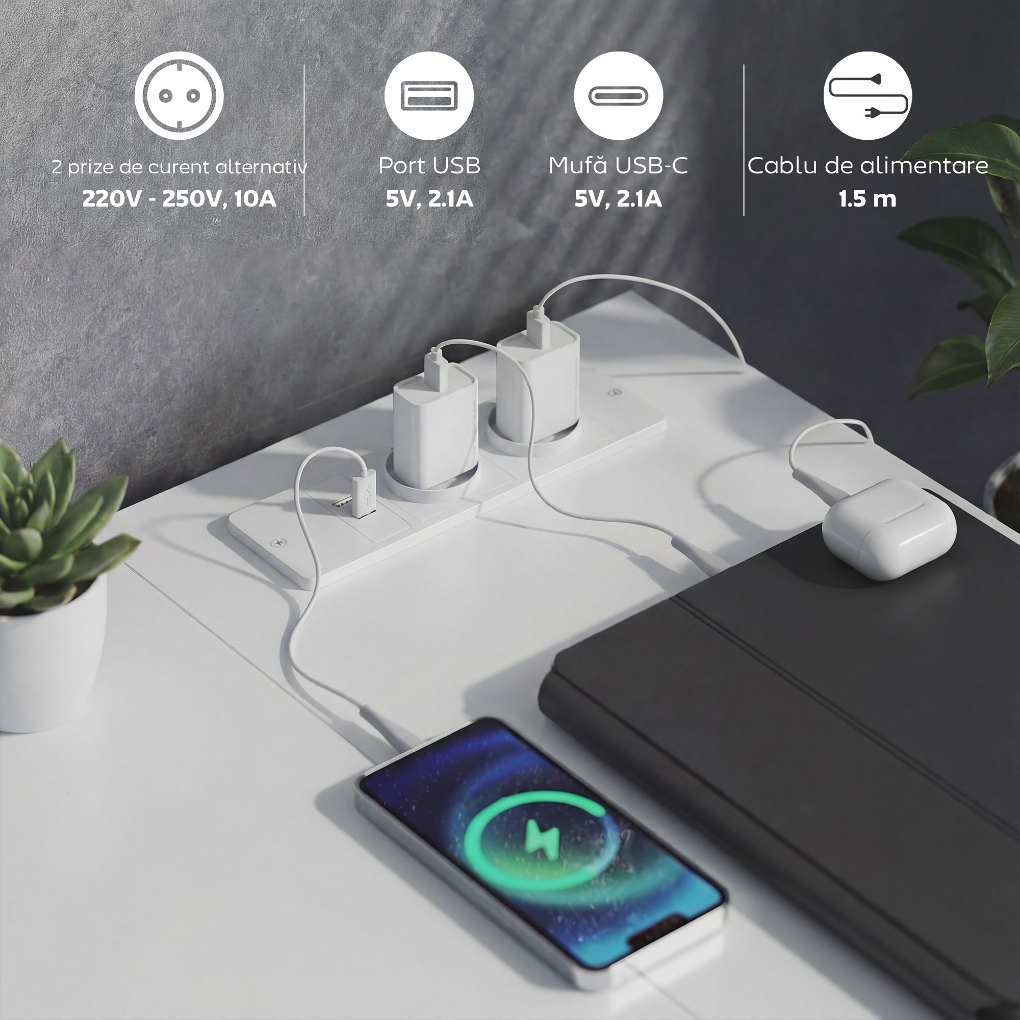  Birou Unghiular cu 6 Sertare cu Carlig Lateral si Prize Integrate, din Lemn si Otel, 126x48x80 cm, Alb [4]