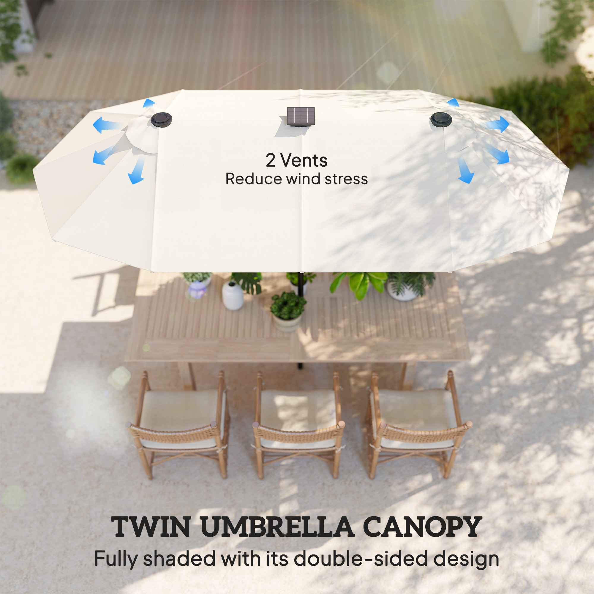  Umbrela Dubla cu Lumini LED si Manivela, din Poliester si Otel, 2.92x1.5x2.2 m, Bej [5]