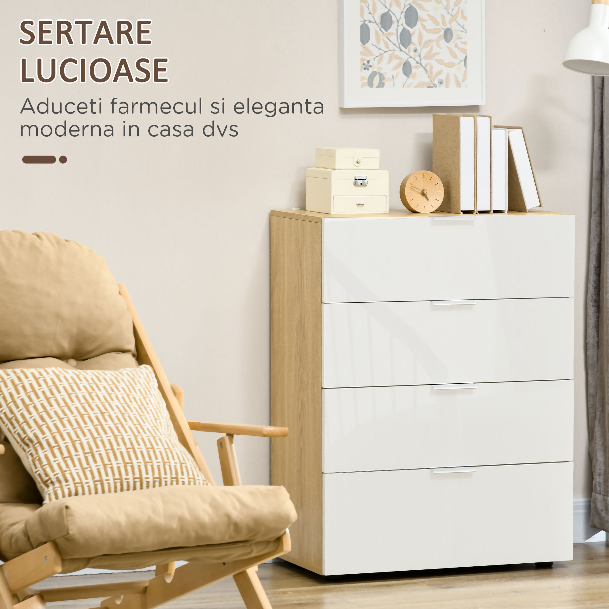  Comoda 4 Sertare Lucioasa Alb Dormitor [4]