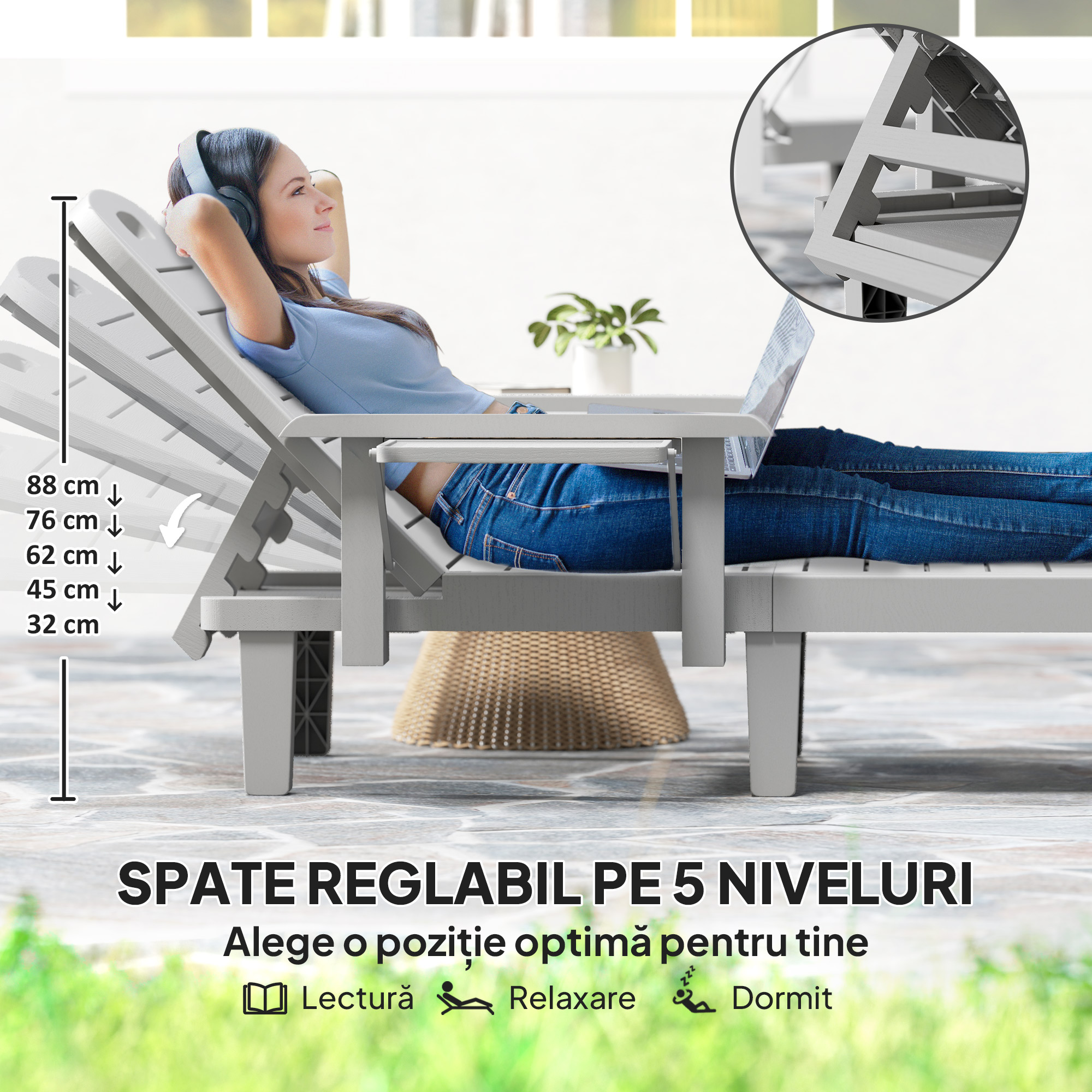  sezlong cu Spatar Reglabil in 5 Pozitii, Masuta si Brate Ergonomice, 79x158x88 cm, Gri [3]
