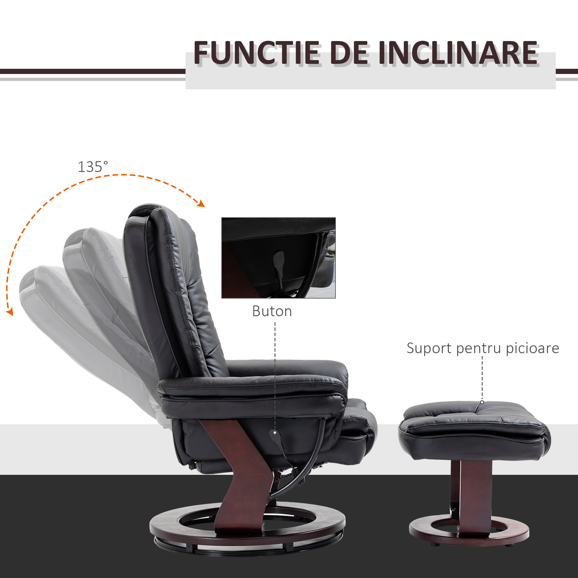  Set Fotoliu Relax si Taburet pentru Picioare, Pivotant la 360° si Inclinabil, Imitatie de piele PU [3]
