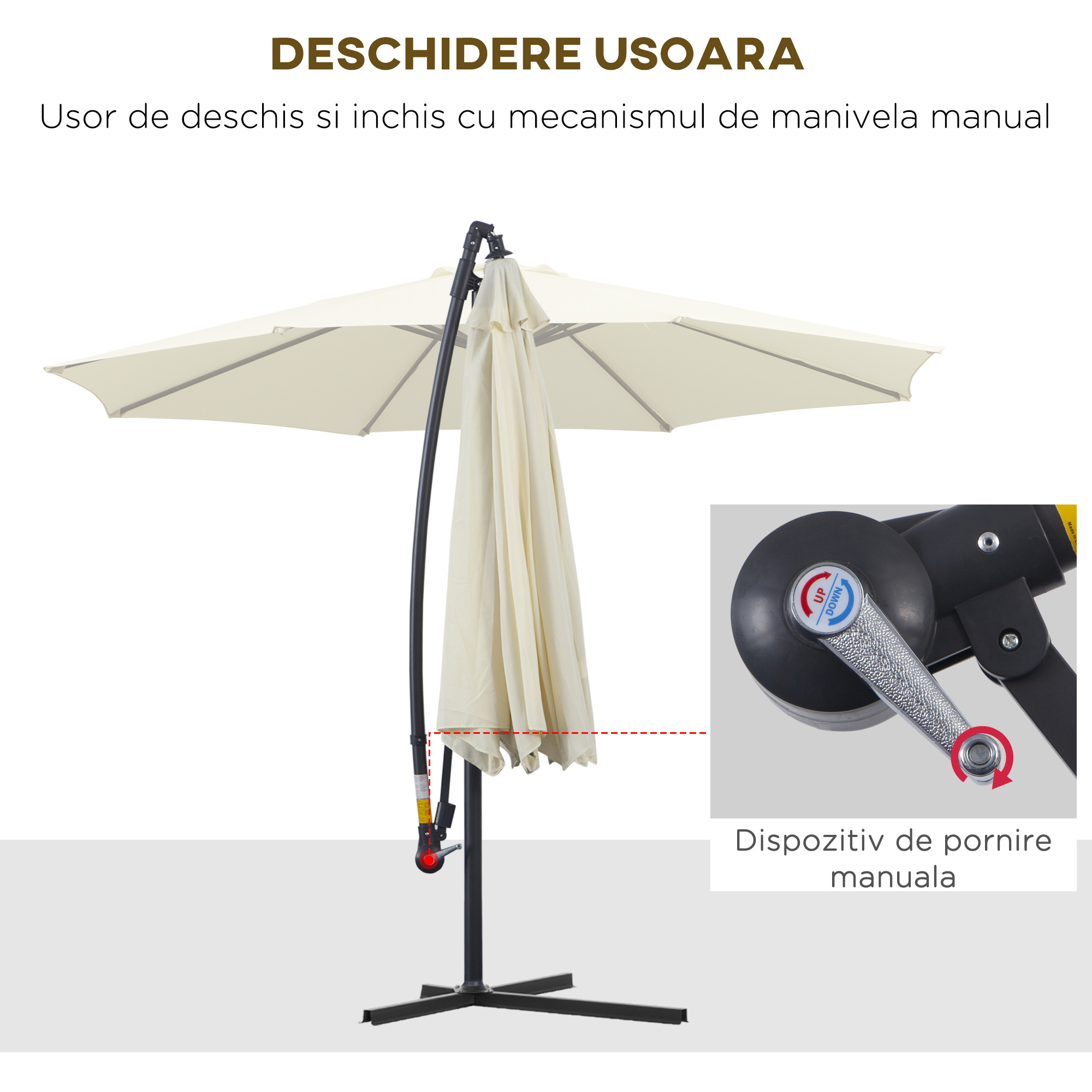  Umbrela de Soare Excentrica cu Baza in Cruce Inclusa, din Metal si Poliester, 3x2,5 m, Bej [3]