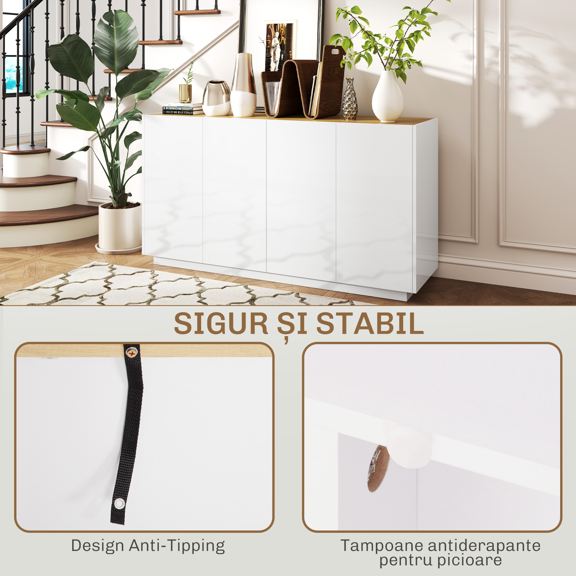  Bufet de Bucatarie cu Usi Amortizate si Rafturi Reglabile, pentru Sufragerie sau Living, 140x40x75 cm, Alb Lucios [6]