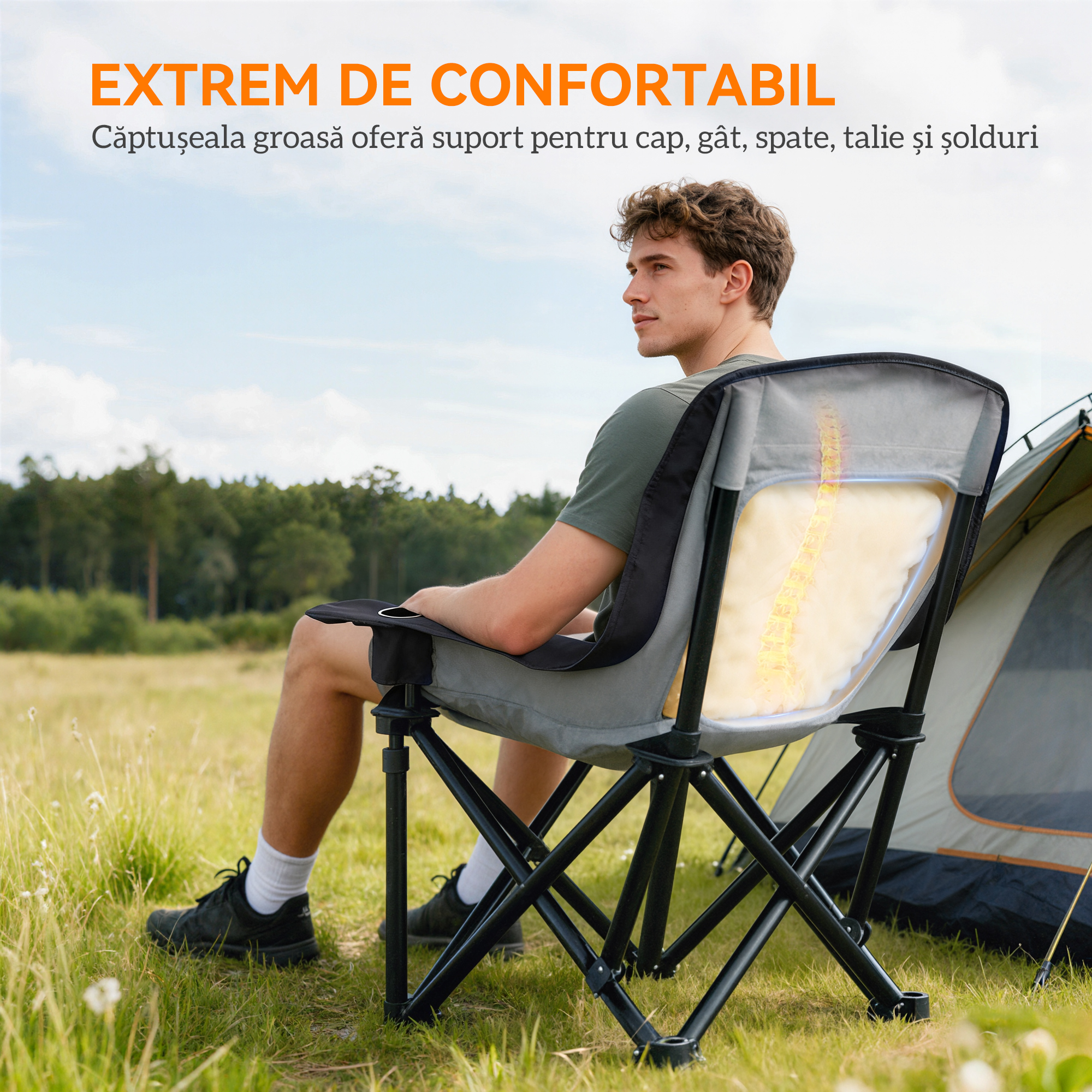  Scaun de Camping Pliabil cu 2 Suporturi pentru Pahare si Buzunare Laterale, 99x71x103 cm, Gri [3]