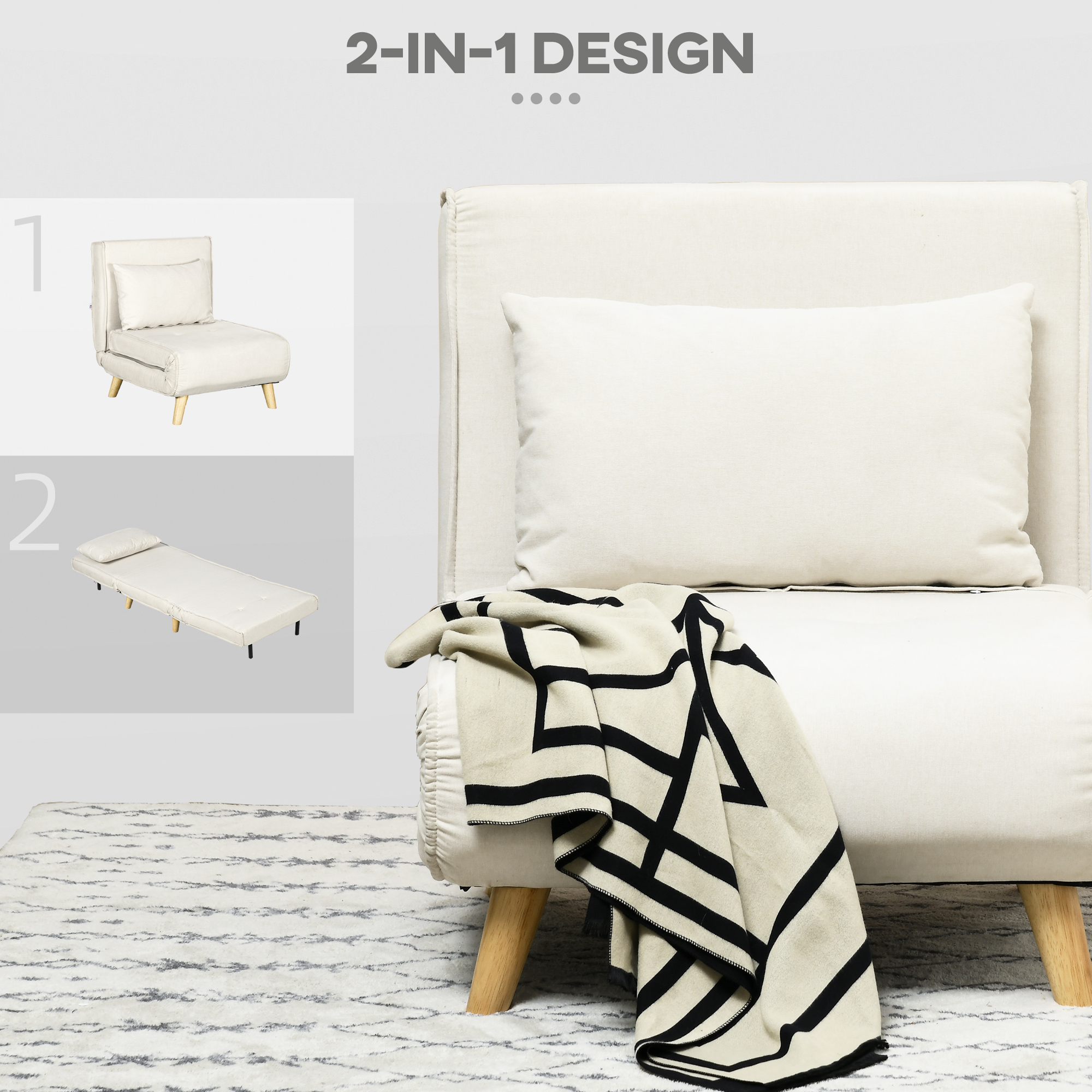  Fotoliu Pat 2-in-1 - Spatar Reglabil pe 6 Nivele & Perna, Bej [5]