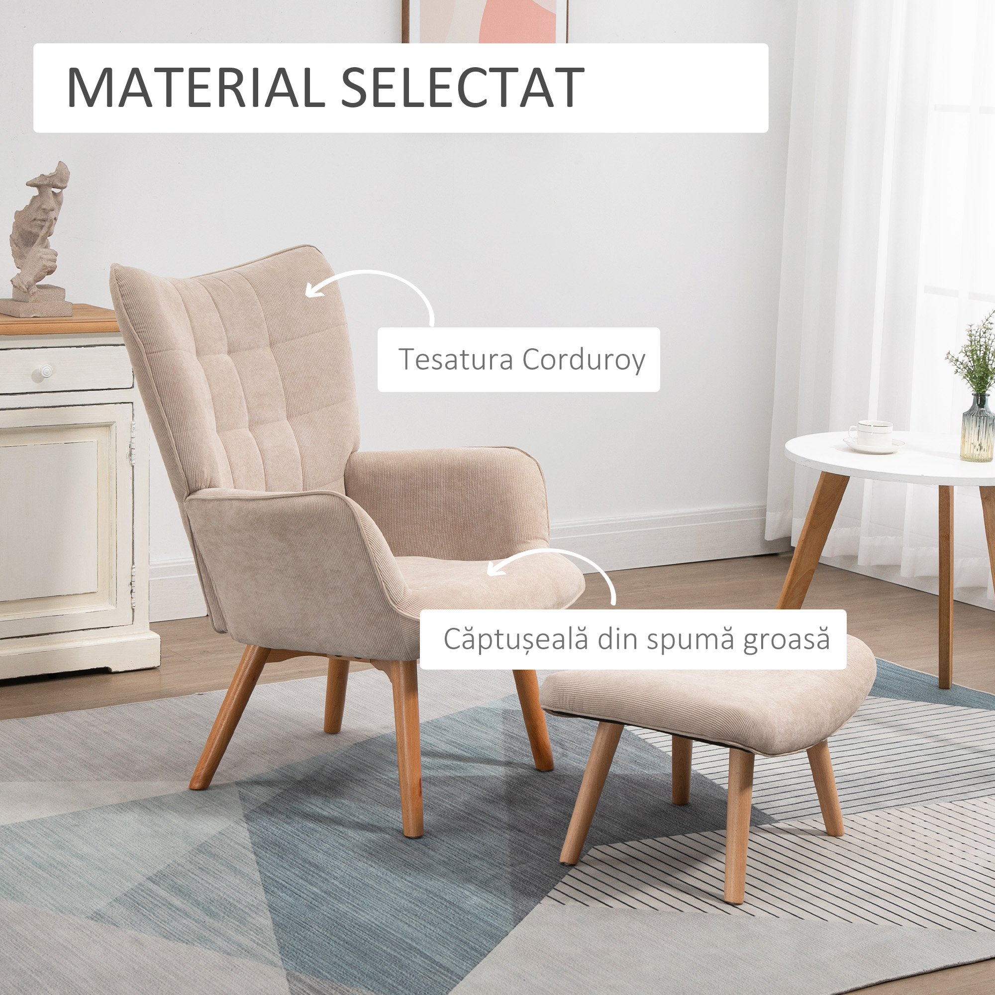  Fotoliu cu Taburet pentru Camera sau Living din Catifea cu Model Crestat , Spatar inalt si Brate, 72x80x101 cm, Bej [3]