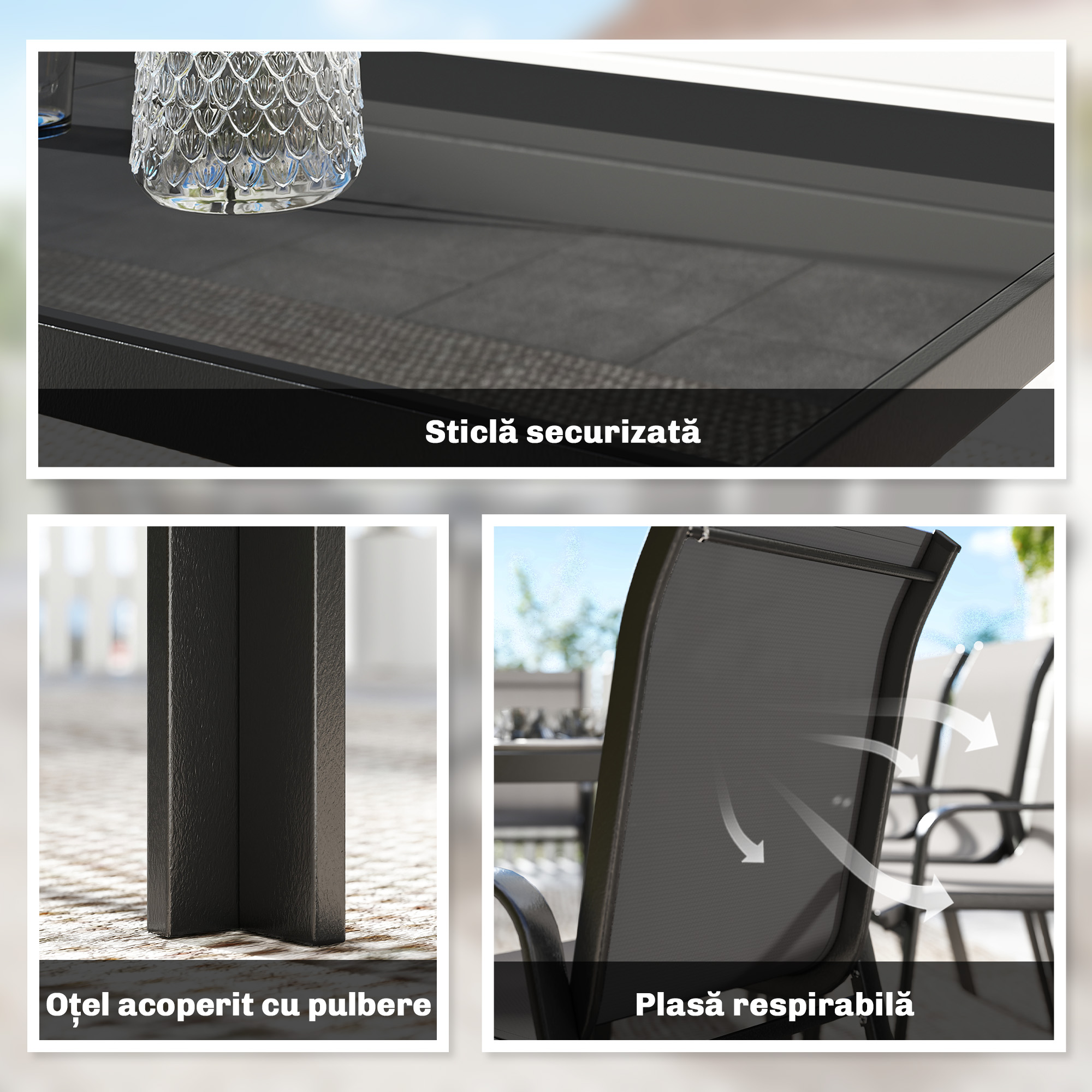  Set de Exterior 9 Piese cu 8 Scaune Suprapozabile din Textilene si Masuta de Cafea cu Blat din Sticla, Negru [4]