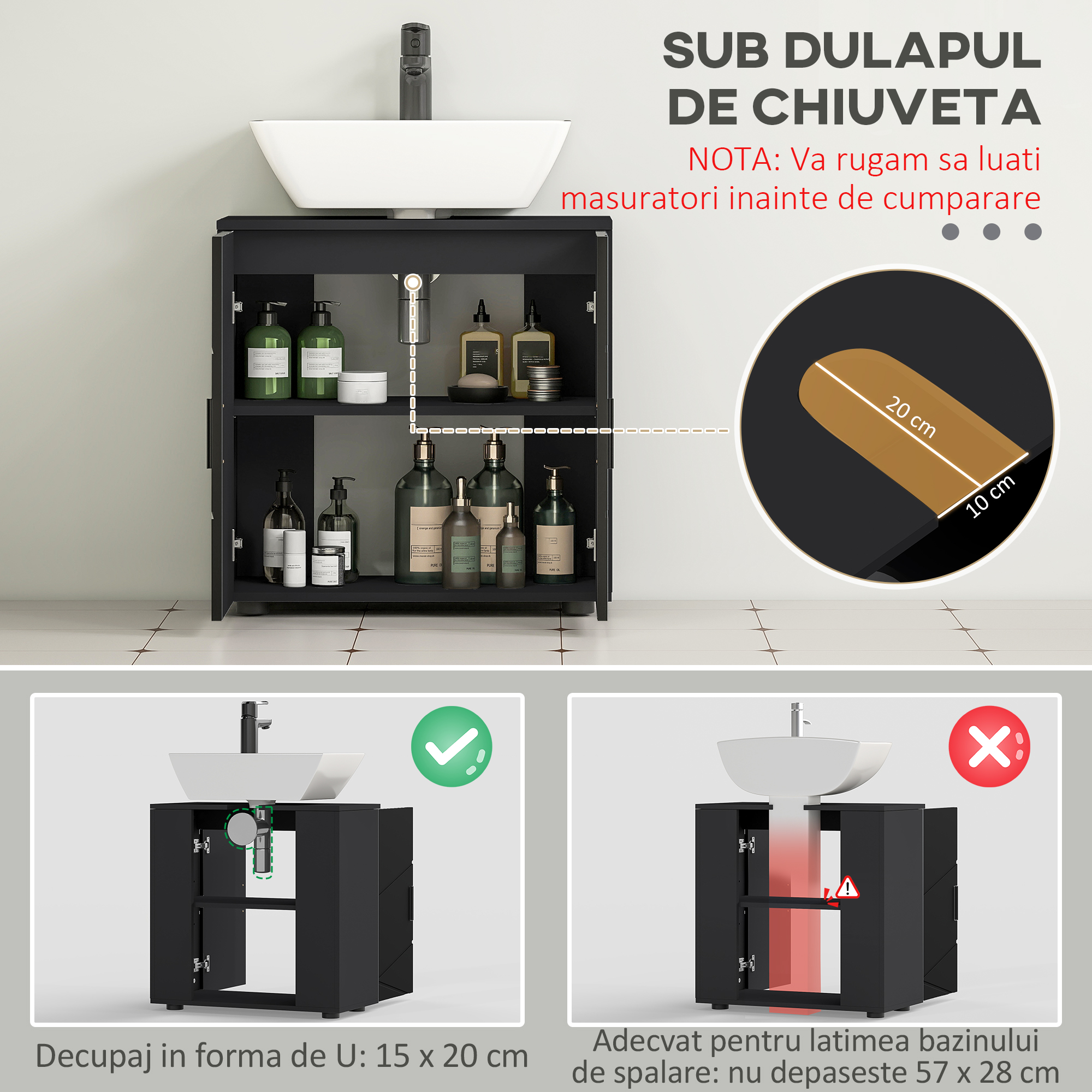  Dulap Baie 60×30×60 cm cu doua usi si polita reglabila - Negru [3]