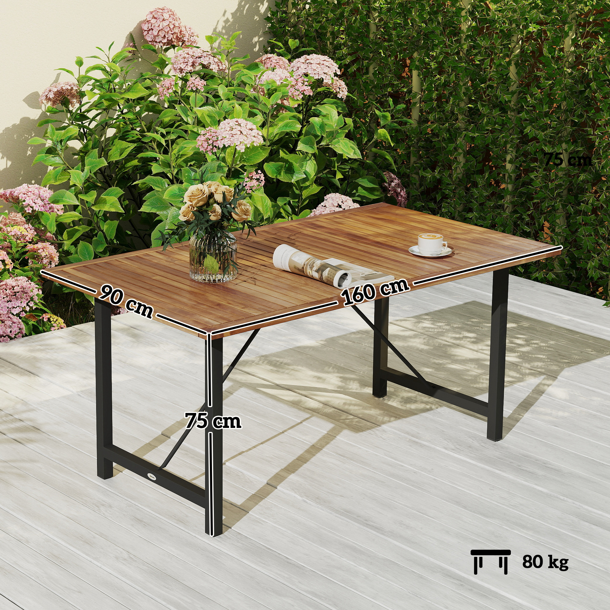  Masa de Gradina din Lemn de Salcam si Otel cu Blat din sipci, 160x90x75 cm, Lemn Natural [2]