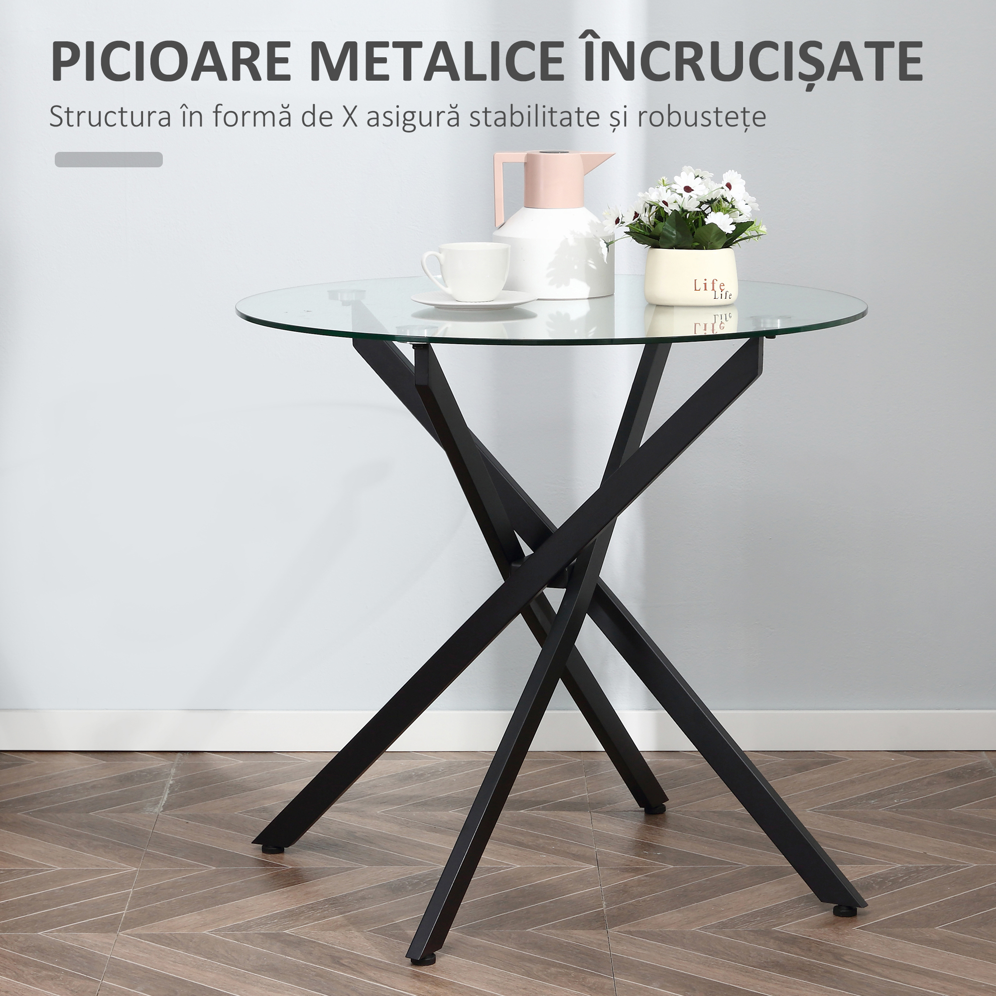  Masa Rotunda 80×80×75 cm - Sticla Eleganta & Picioare Metal [4]