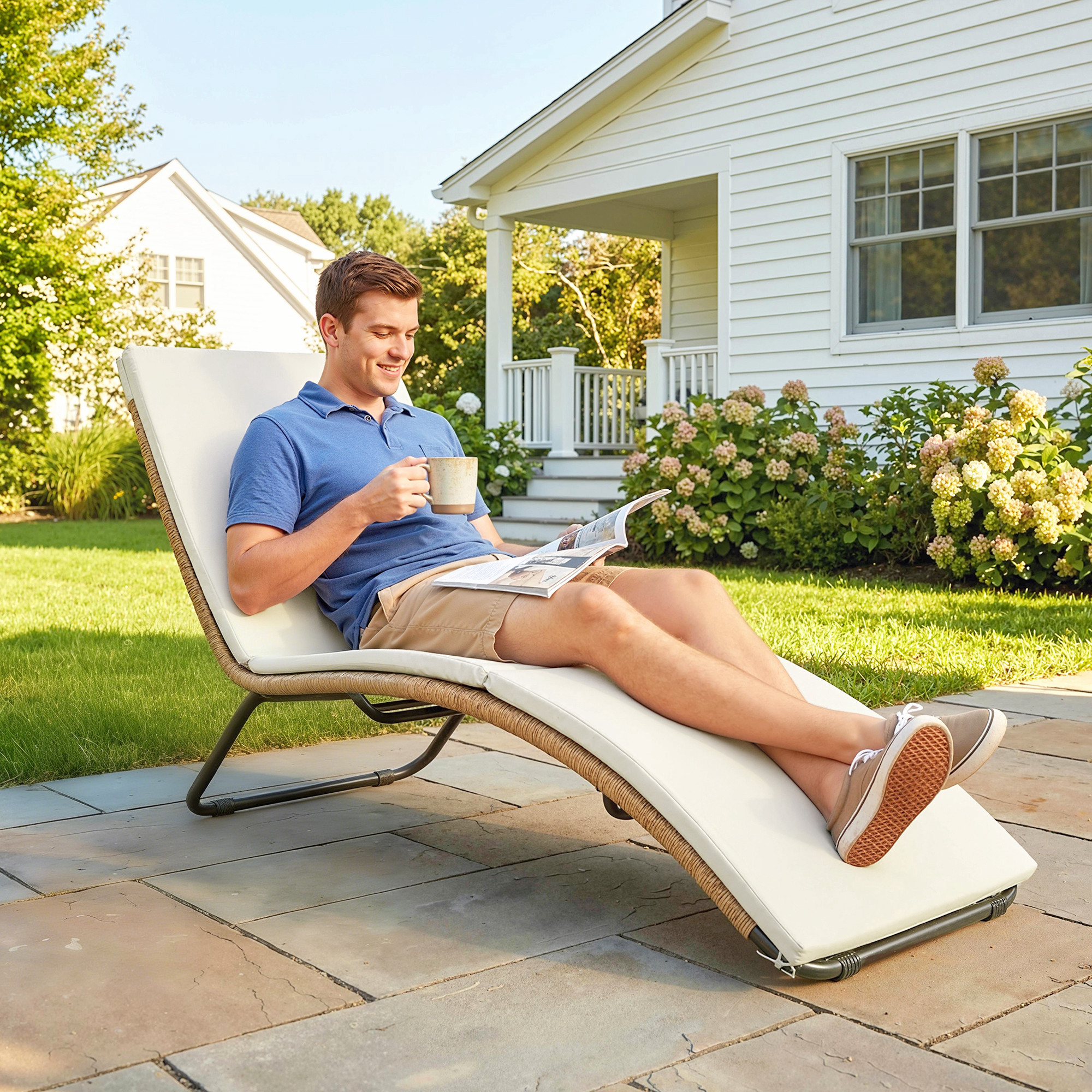  sezlong Prendisole din Ratan in Forma S cu Perna, sezlong de Gradina cu Cadru din Otel, pentru Terasa, Plaja, Piscina, Gradina, 175x57x80cm, Crem [1]