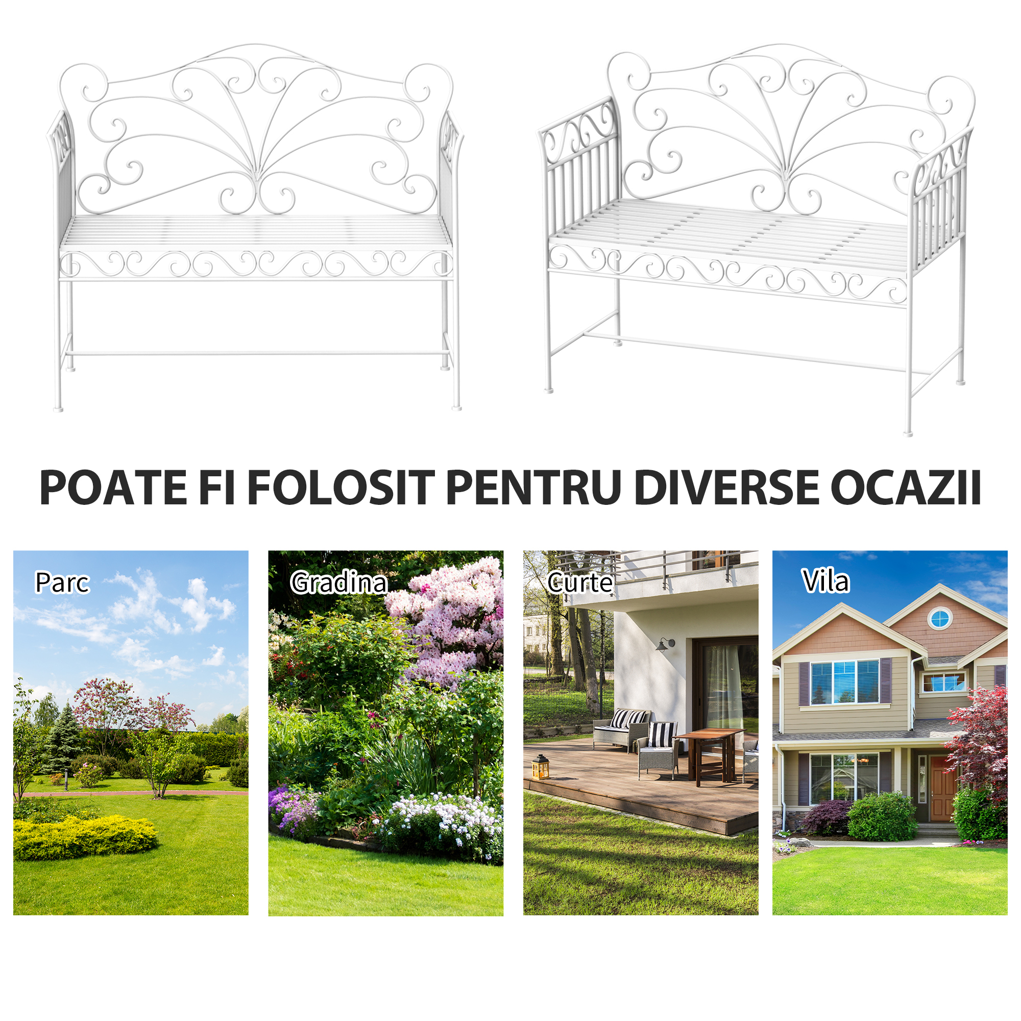  Banca de Exterior cu 2 Locuri, Banca de Gradina in Stil Romantic din Fier, 113,5x50x96 cm, Alb [4]