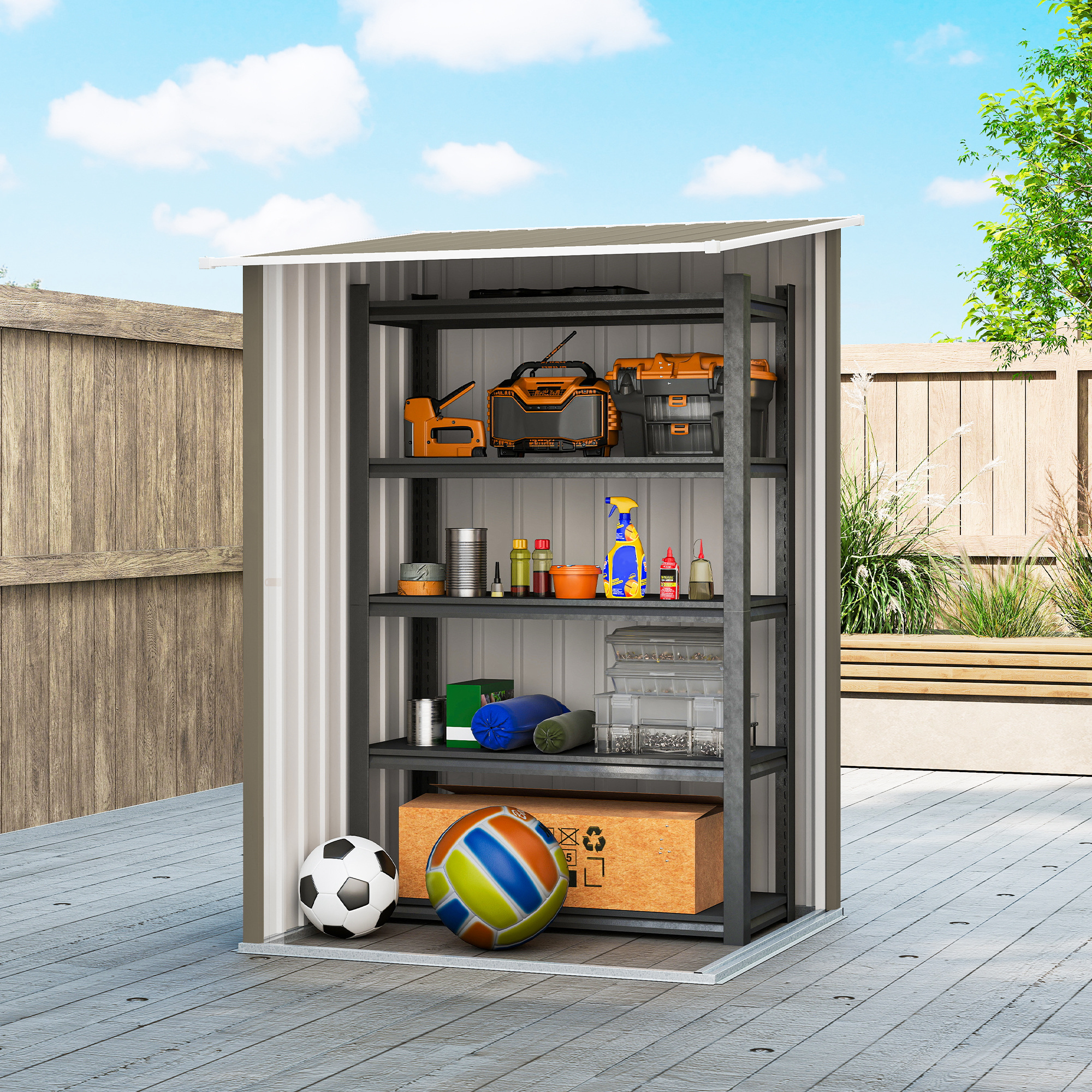  Casuta de Gradina pentru Depozitarea Uneltelor, din Otel Galvanizat, cu Usa, 100x104x160 cm, Maro si Alb [6]