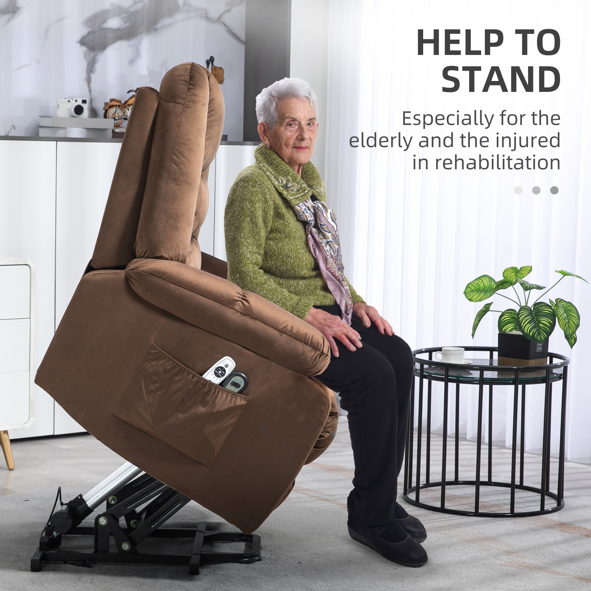  Fotoliu Relax cu Functie de Ridicare, Reclinabil, cu Masaj si incalzire din Catifea, Maro [3]