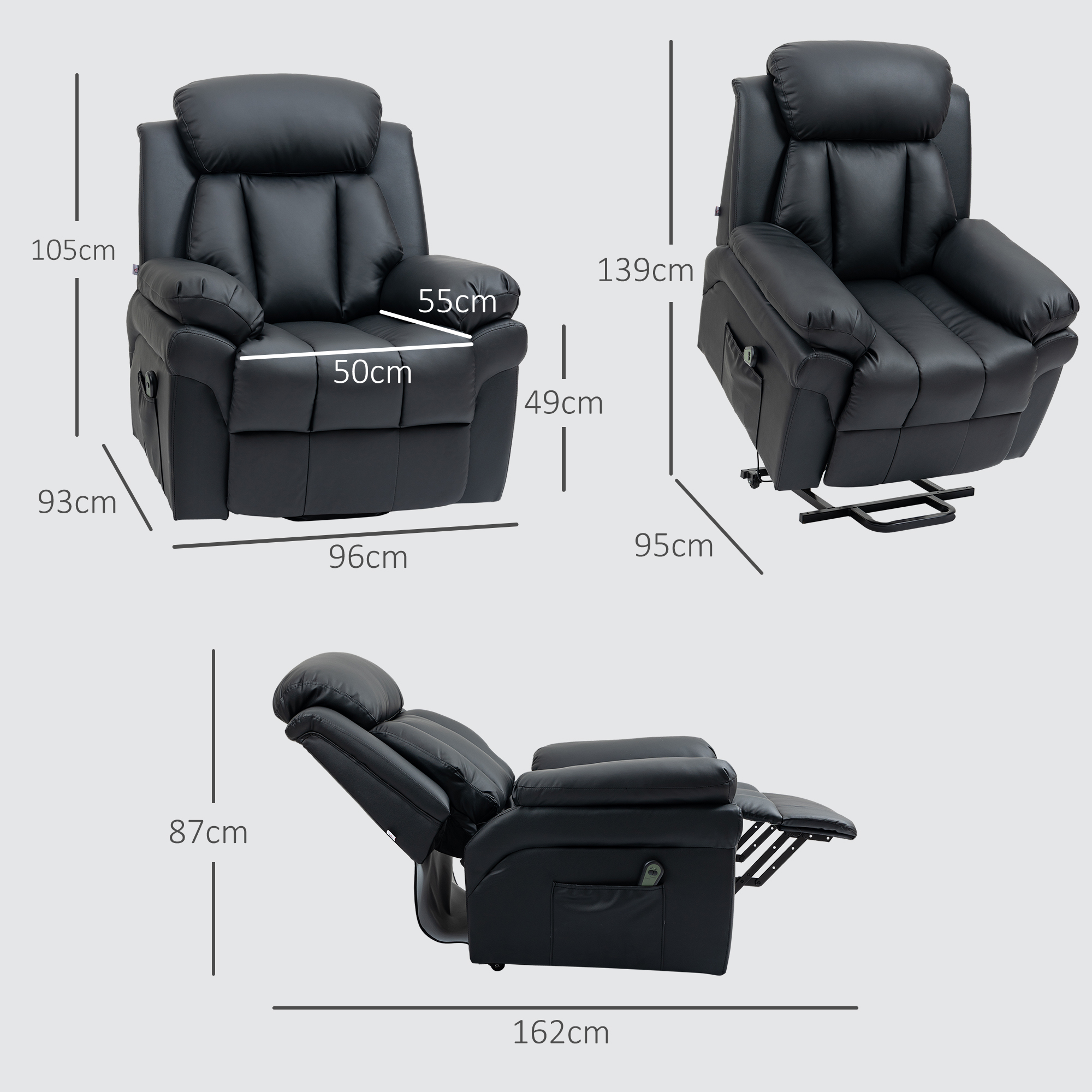  Fotoliu Recliner Electric cu Functie de Ridicare, Tapiterie Groasa si Telecomanda, 96x93x105 cm, Negru [2]