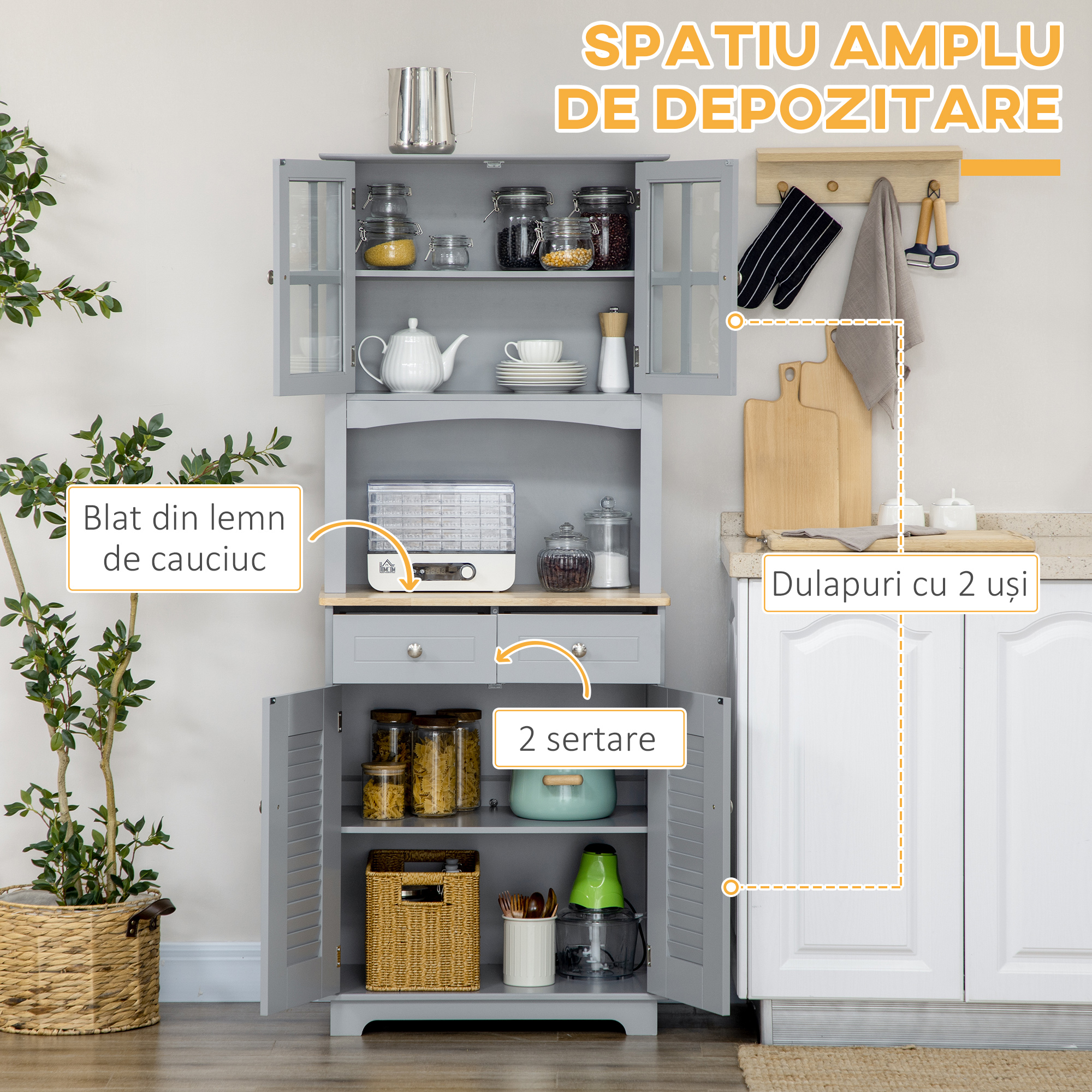  Bufet pentru Bucatarie, Mobilier din MDF, Dulap de Bucatarie in Stil Clasic, Gri, 68x39.5x170 cm [3]