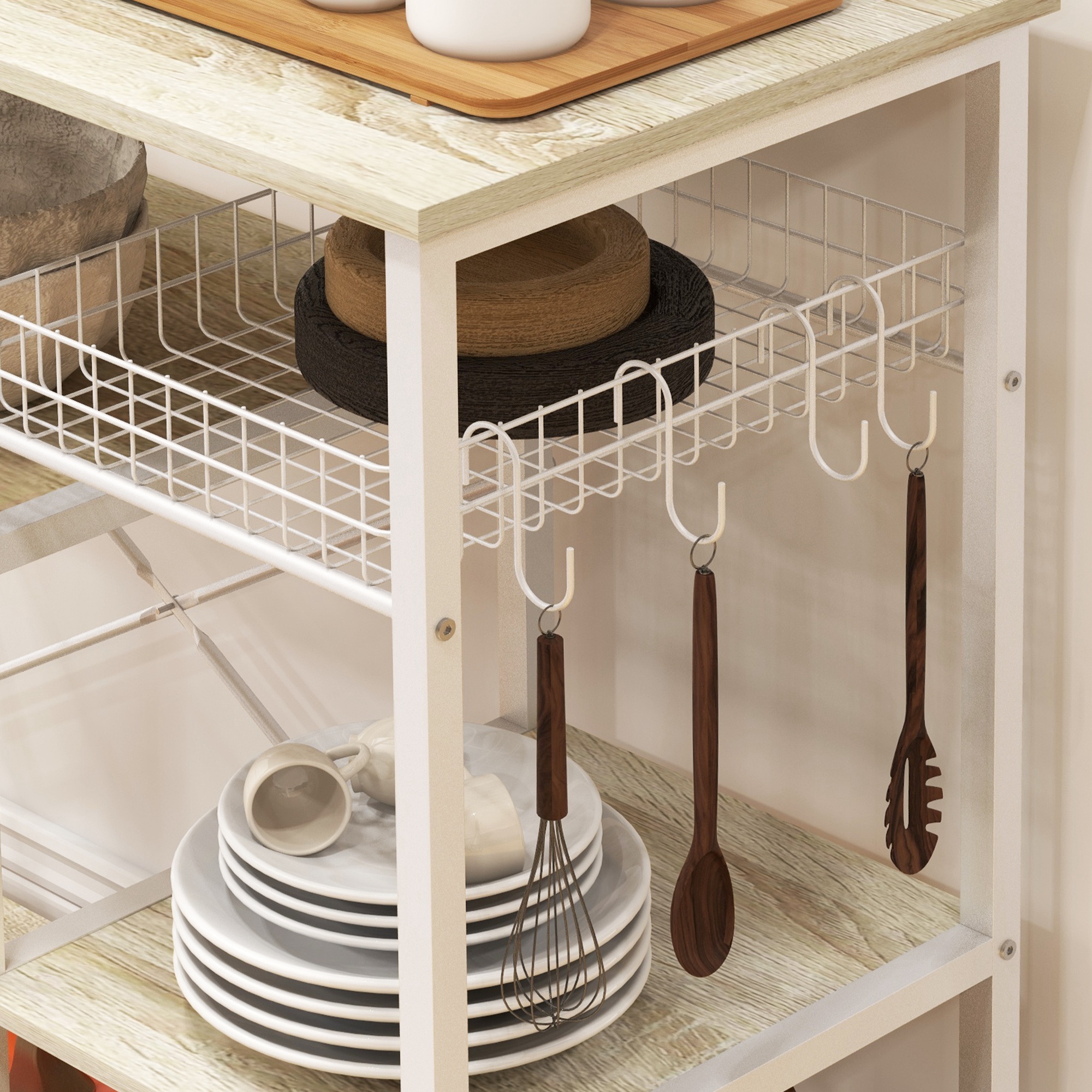  Raft Bucatarie - 4 Rafturi, Carlige & Cos Plasa, Lemn+Otel [7]