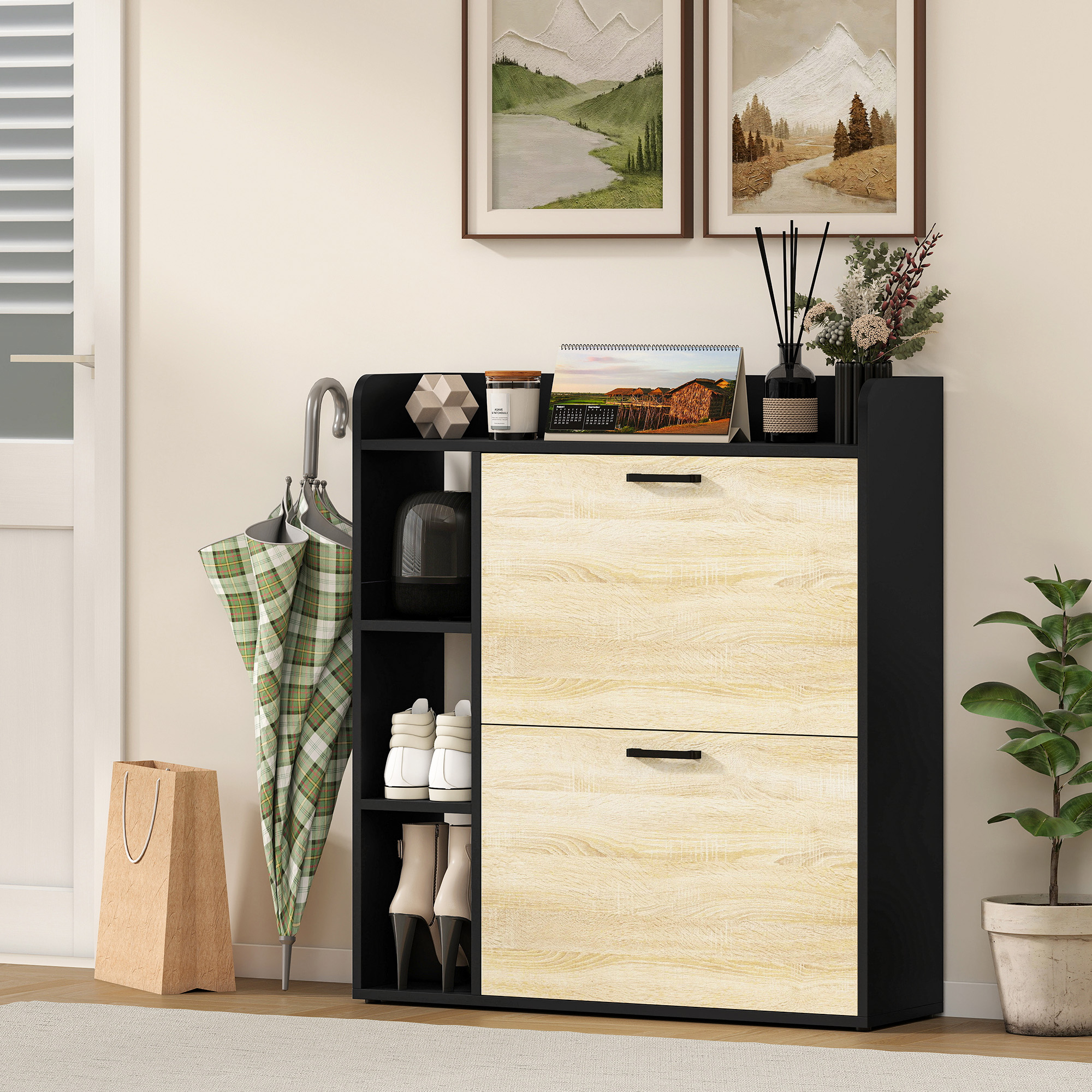  Dulap pentru pantofi slim cu 2 sertare si 3 compartimente deschise, Capacitate 15 perechi, 83x24x90.5 cm, Negru [7]