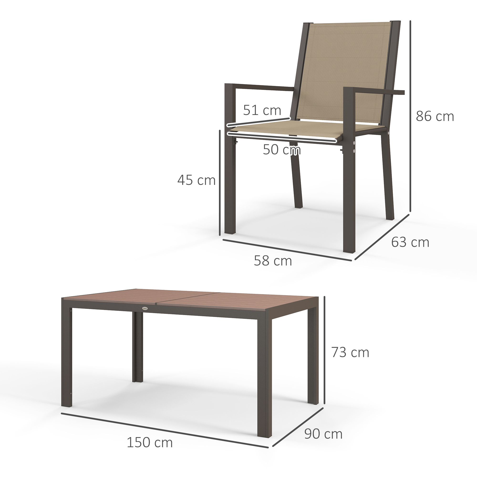  Set de Gradina din 7 Piese cu Masa din Plastic-Lemn si 6 Fotolii Stivuibile cu sezut si Spatar, 150x90x73 cm, Maro [2]