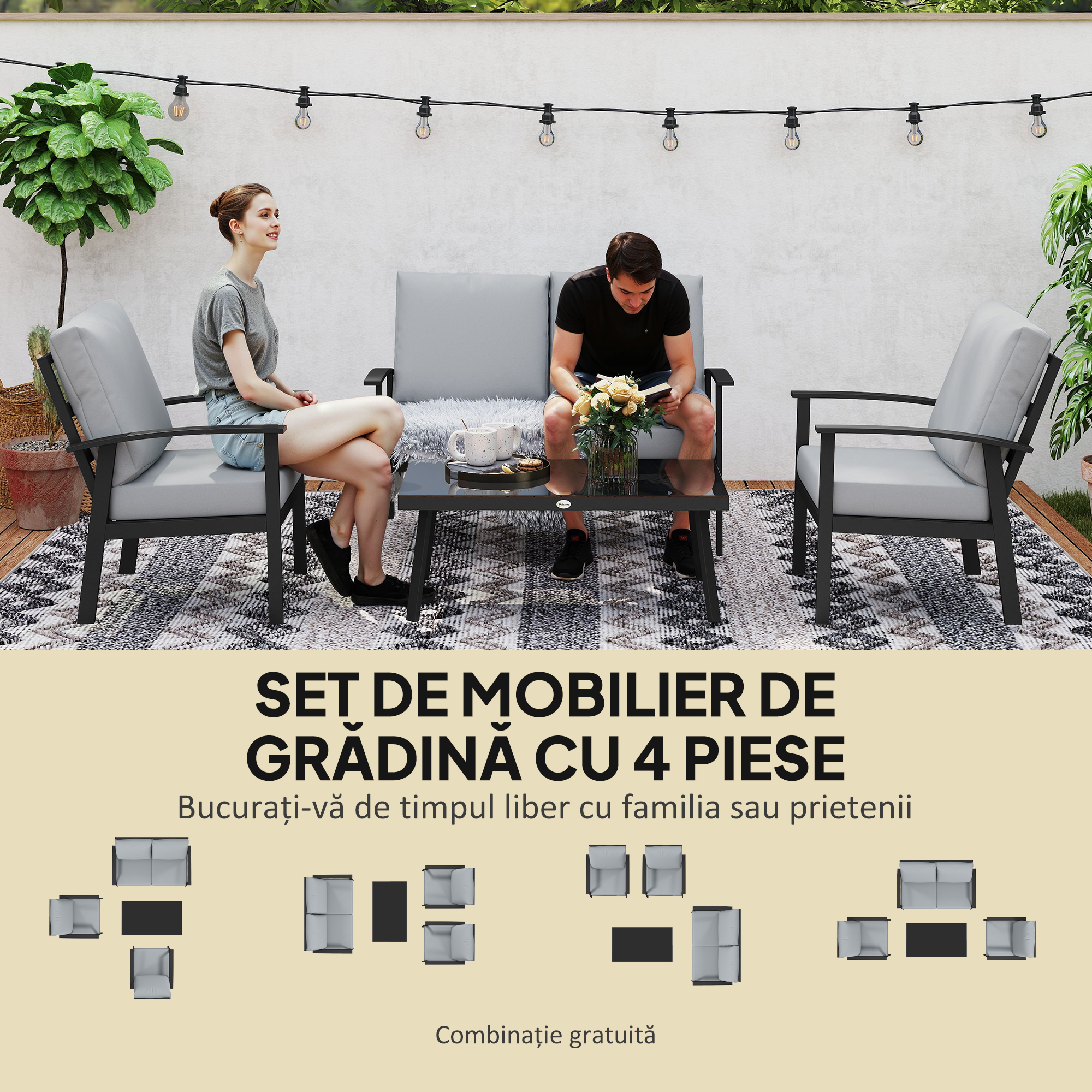  Set de Mobilier de Gradina din 4 Piese cu Canapea, 2 Fotolii si Masa de Cafea, 127x74x80 cm, Gri Carbune [3]