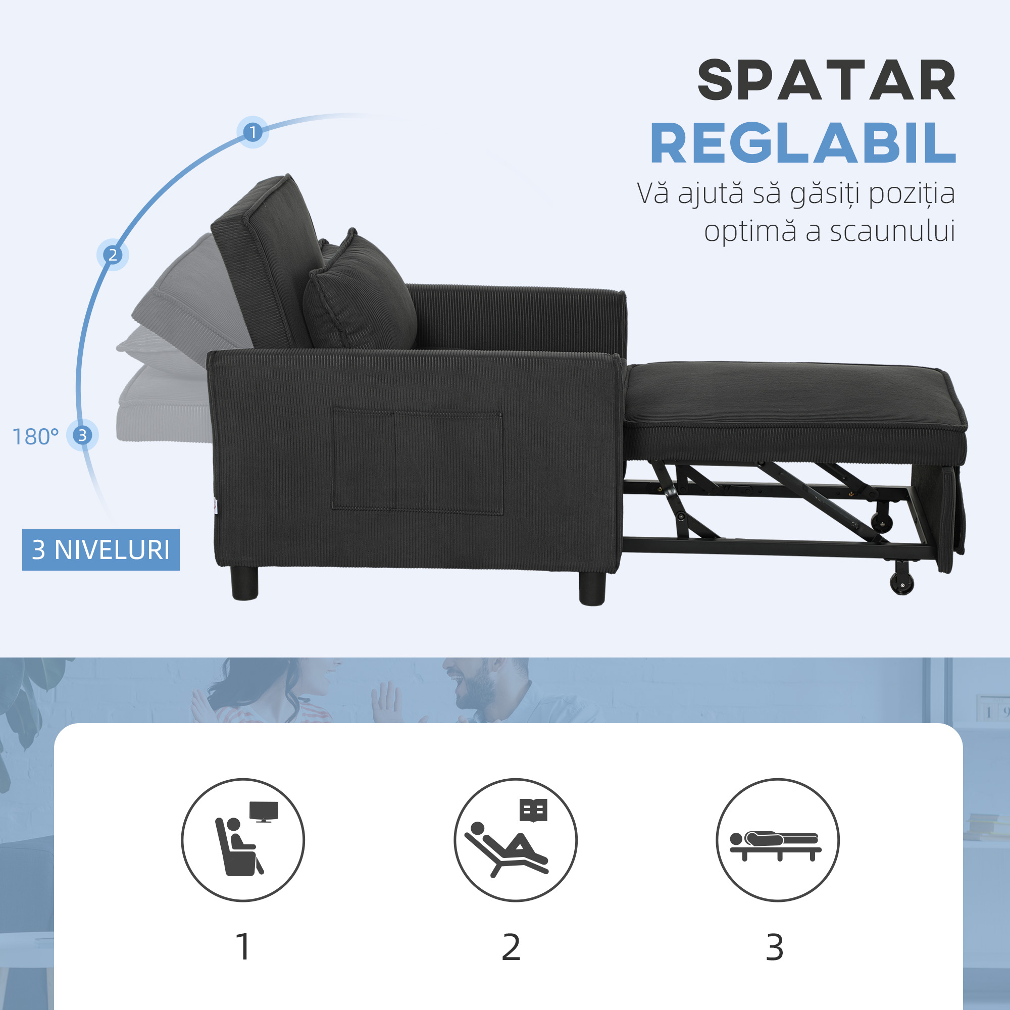  Fotoliu-Pat 3 in 1 cu Buzunare Laterale si Spatar Rabatabil, Fotoliu Modern Convertibil in Pat, 74x84x81 cm, Gri [4]
