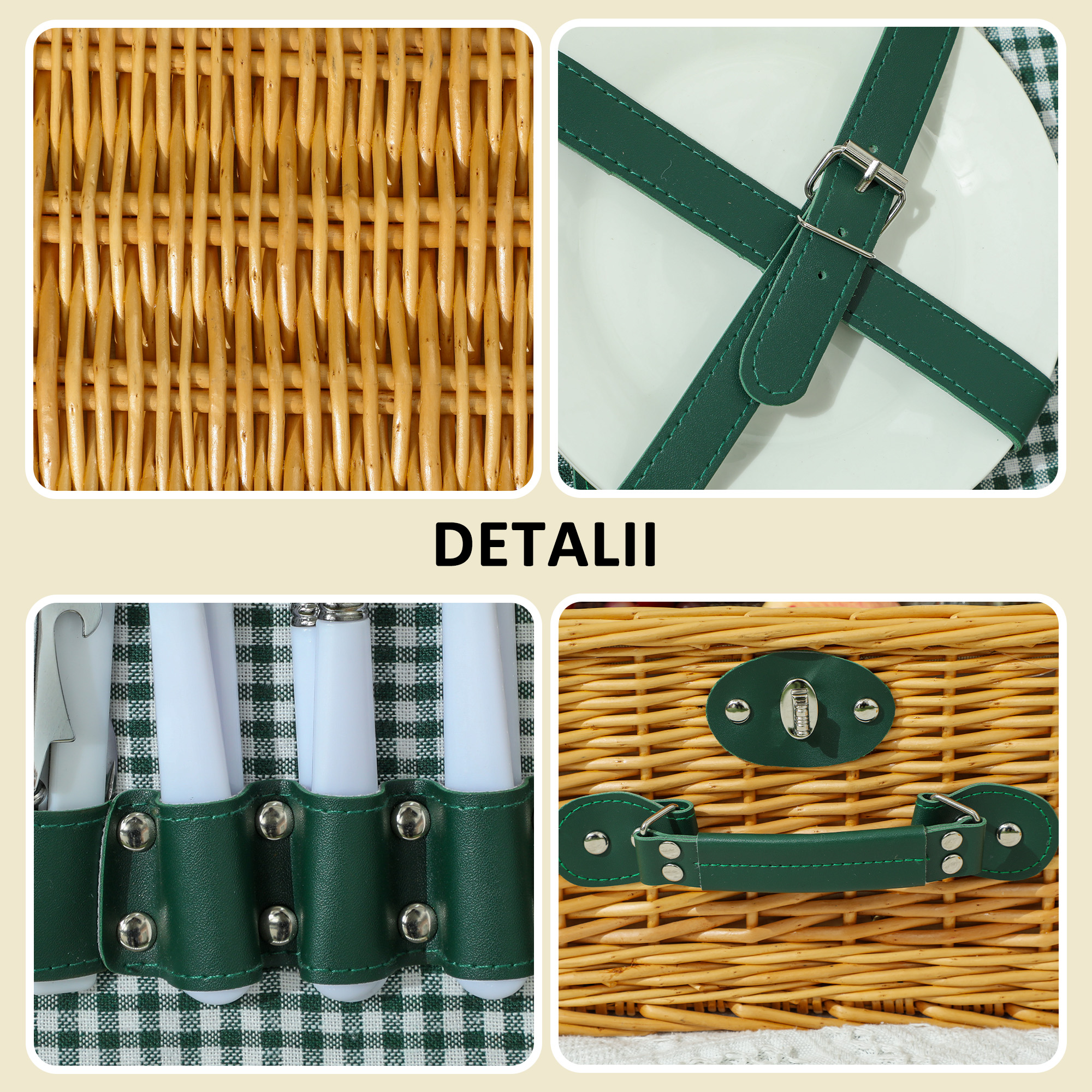  Cos de Picnic din Rachita pentru 2 Persoane cu Zona Frigorifica si Vesela, 40x30x20 cm, Maro Deschis [5]