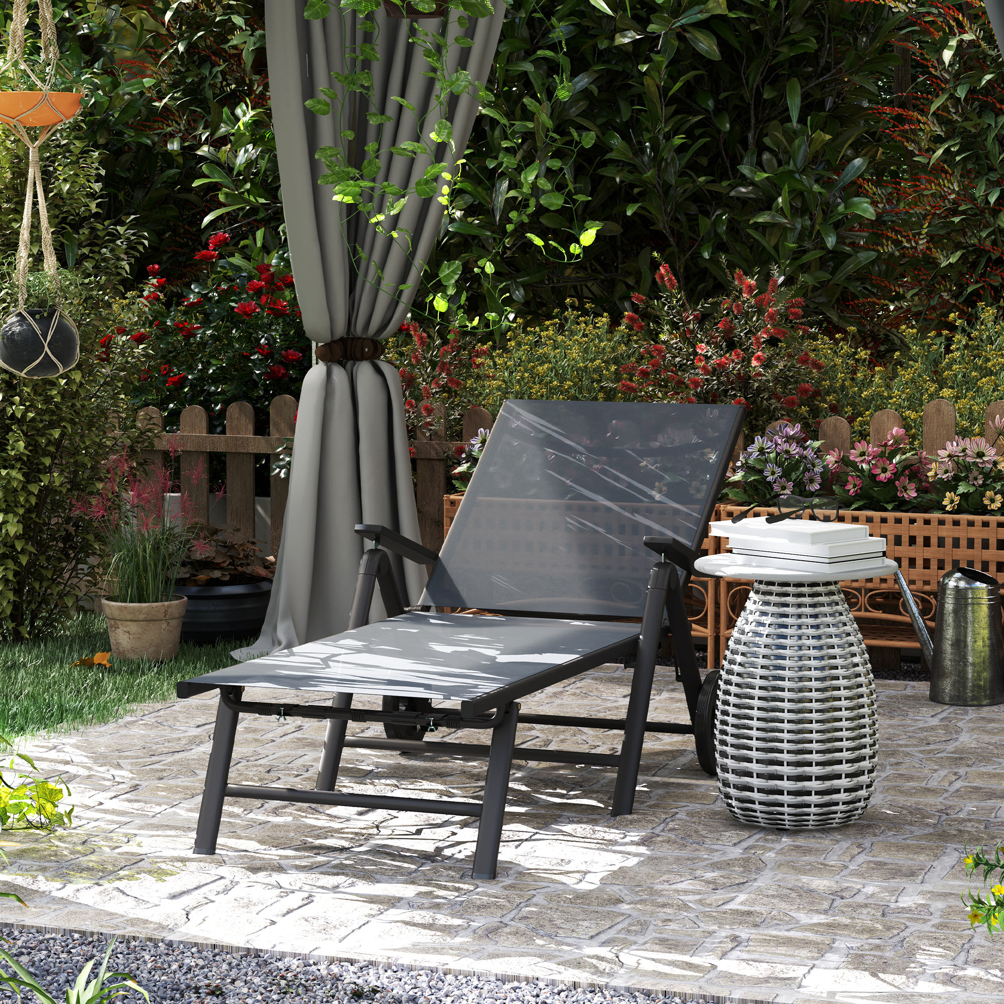  sezlong Pliabil cu Roti si Spatar Reglabil in 5 Pozitii, 72x158x84 cm, Gri [1]